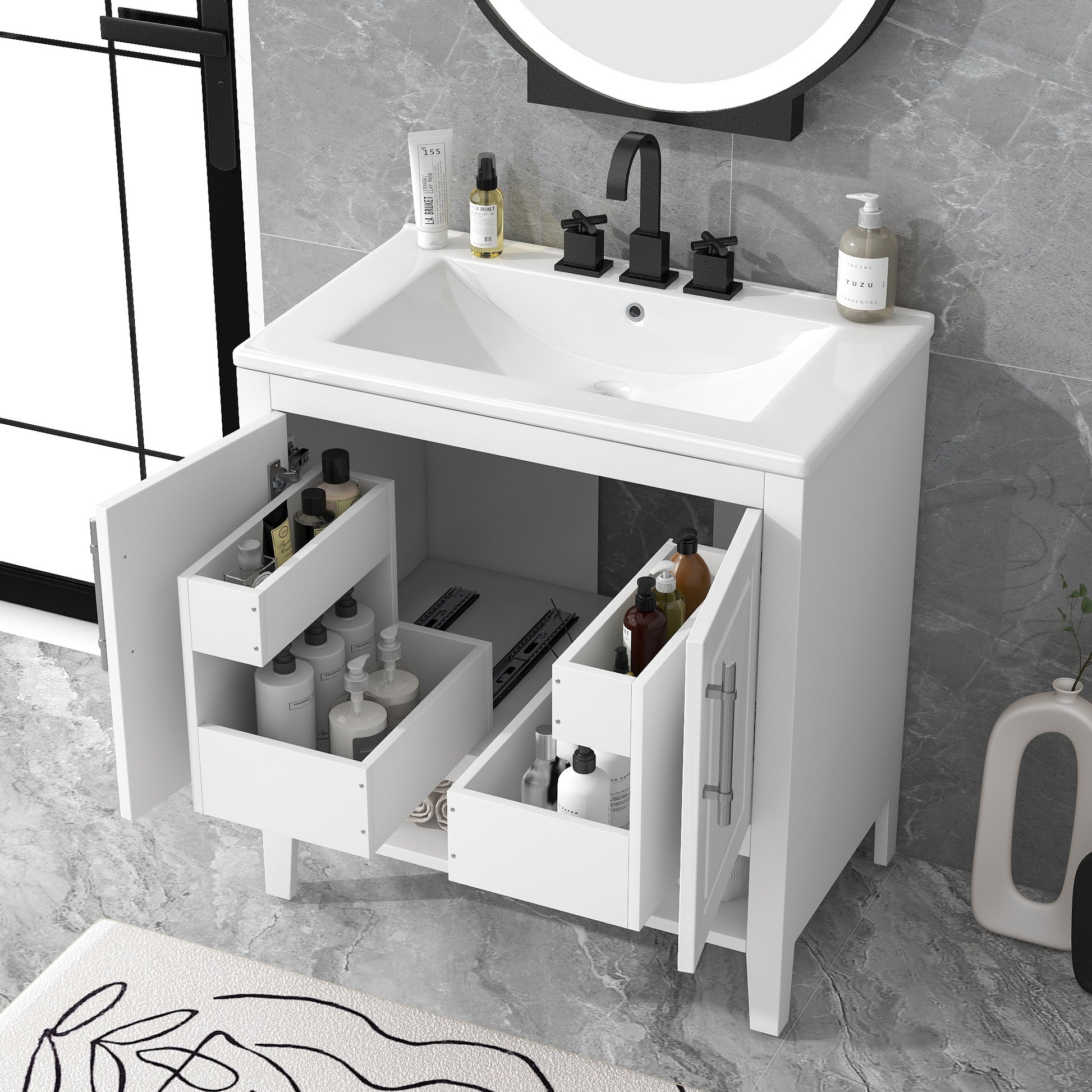 30" Bathroom Vanity With Sink, Multi Functional Bathroom Cabinet With Doors And Drawers, Solid Frame And Mdf Board, White White Solid Wood Mdf