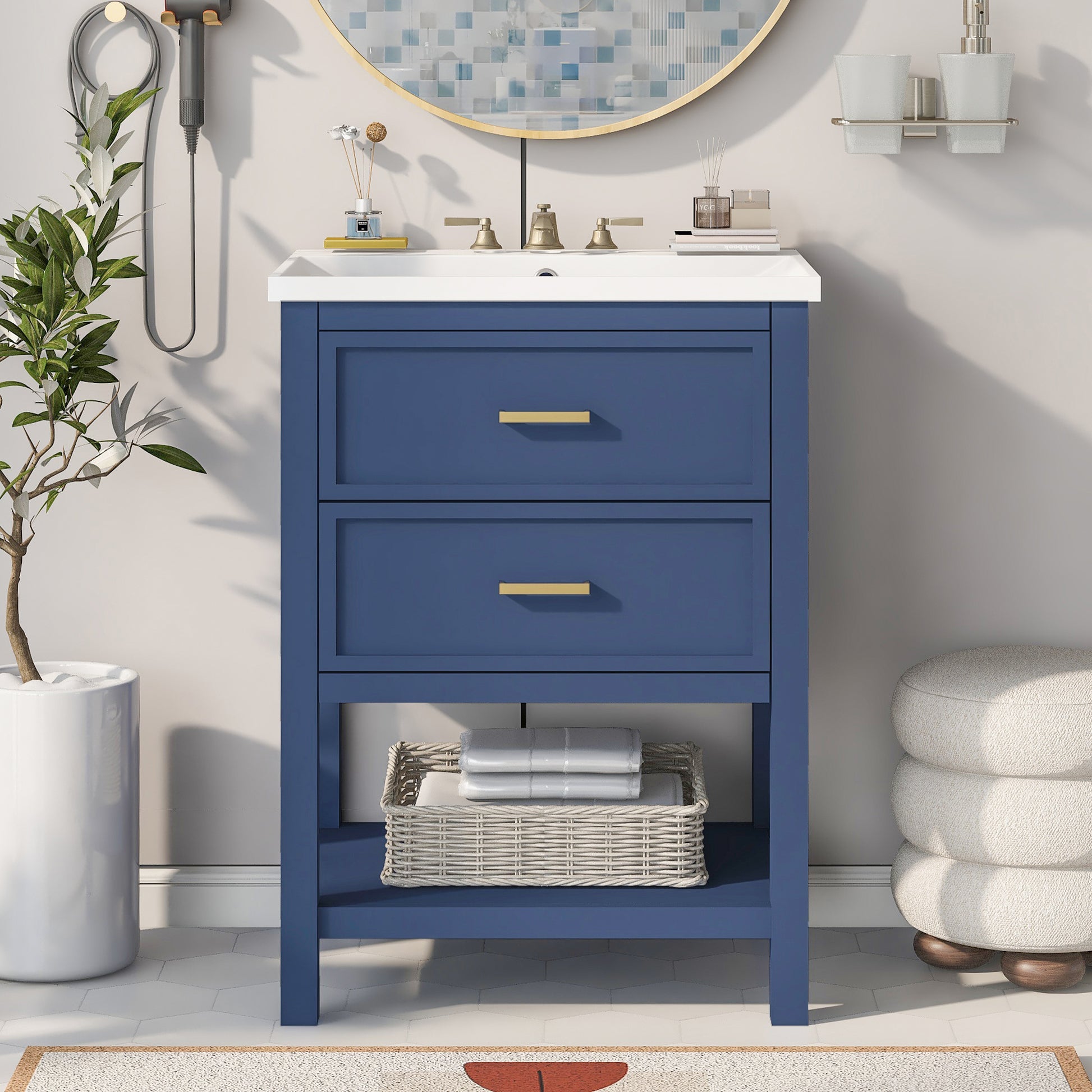 24'' Bathroom Vanity With Top Sink, Modern Bathroom Storage Cabinet With 2 Drawers, Single Sink Bathroom Vanity Blue Mdf