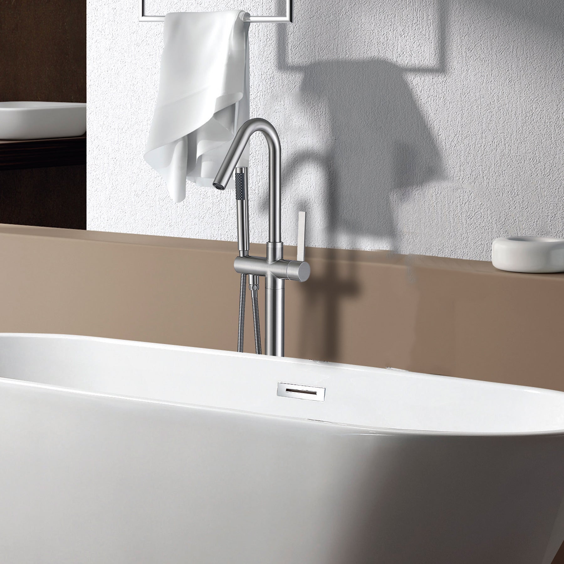 Freestanding Bathtub Faucet With Hand Shower Brushed Nickel Metal