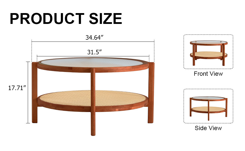 Modern Minimalist Circular Double Layer Solid Wood Coffee Table, Craft Glass Tabletop, Second Layer Material: Pe Rattan, Solid Wood Frame. 34.6 '* 34.6' * 17.7'' Walnut Solid Wood