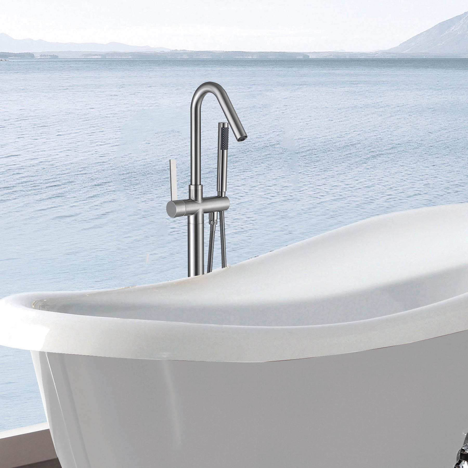 Freestanding Bathtub Faucet With Hand Shower Brushed Nickel Metal