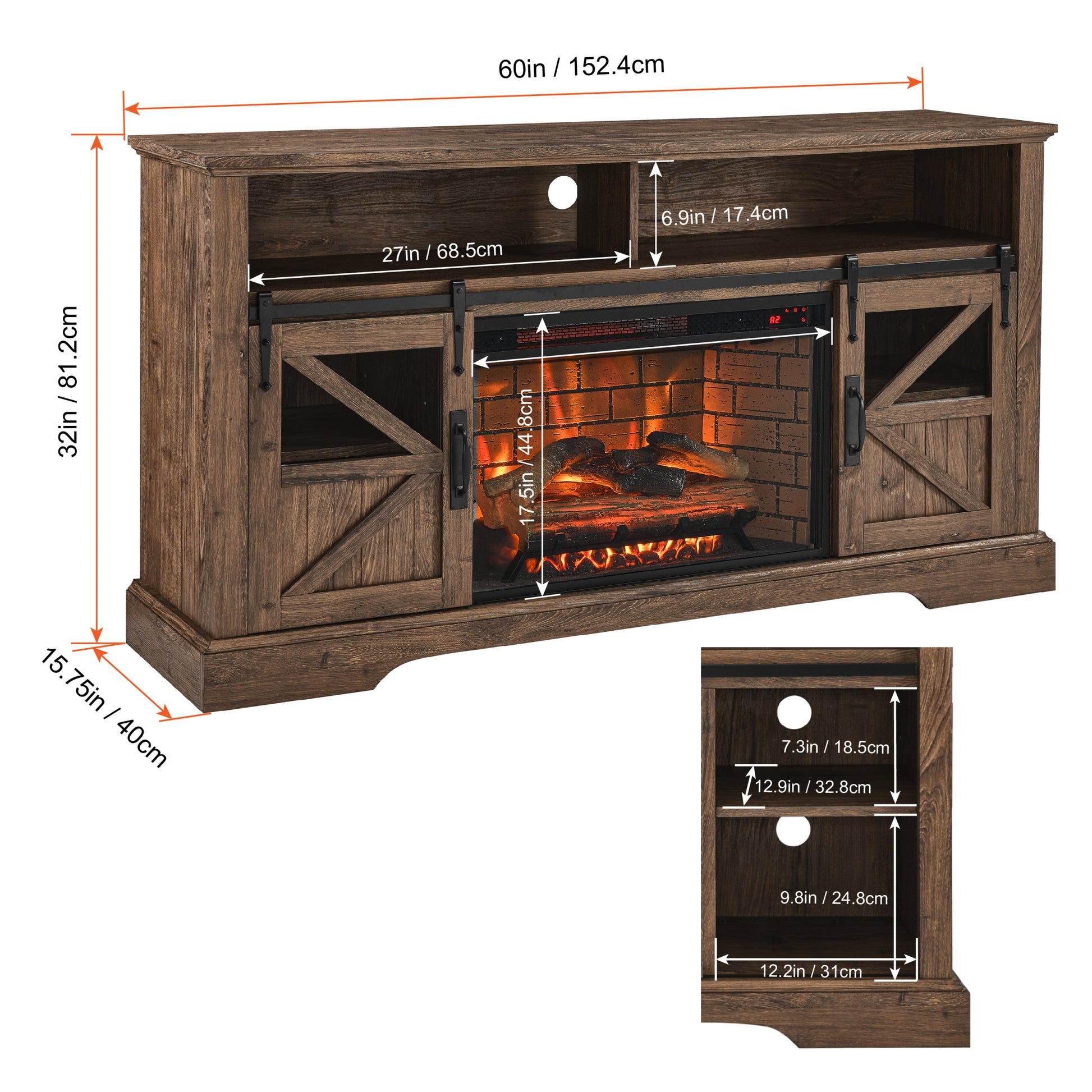 60 Inch Electric Fireplace Entertainment Center With Door Sensor Reclaimed Barnwood Color Powder Coated Electric Reclaimed Barnwood Vent Free Yes Insert Wood Stainless Steel Glass Electric