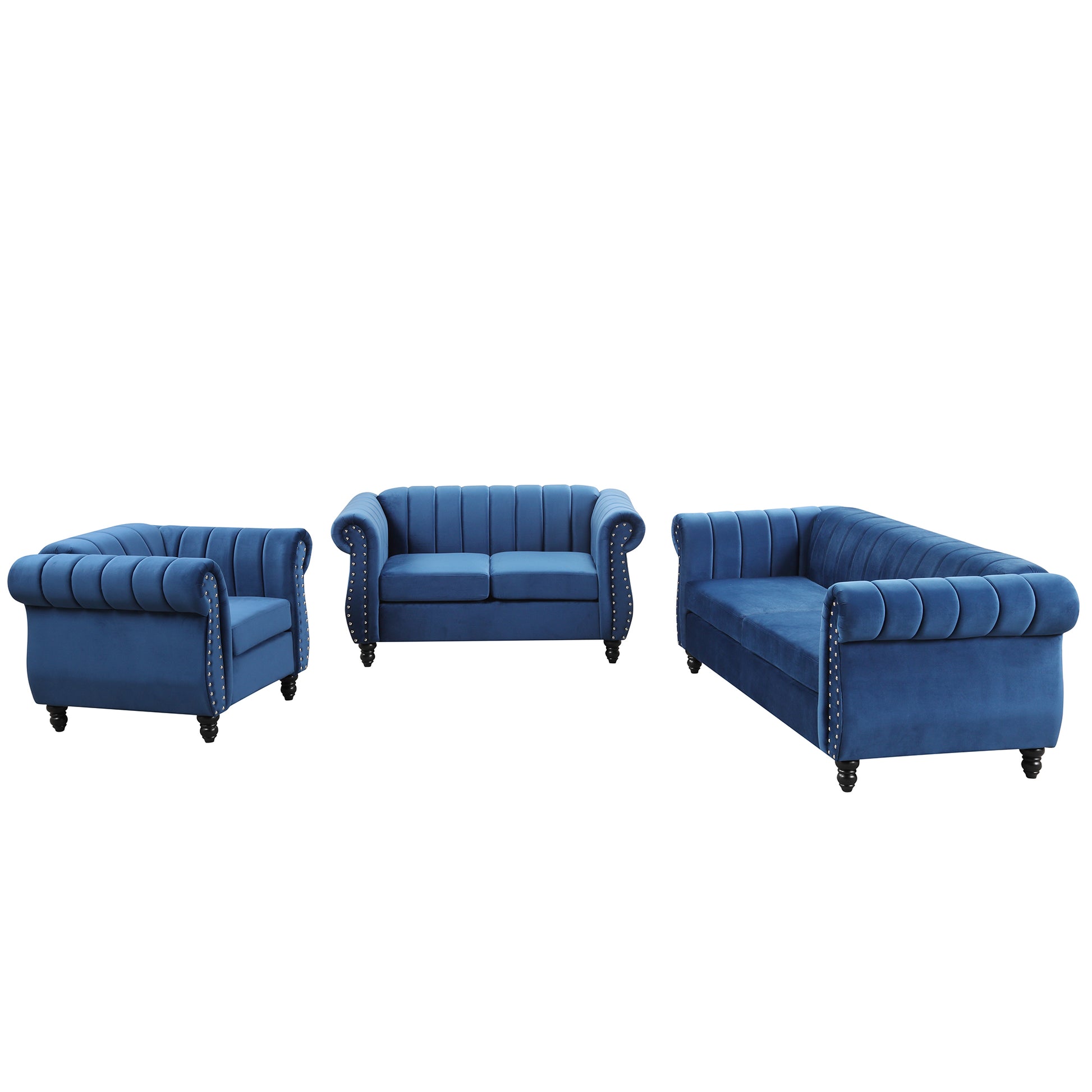 Modern Three Piece Sofa Set With Solid Wood Legs, Buttoned Tufted Backrest, Frosted Velvet Upholstered Sofa Set Including Three Seater Sofa, Double Seater And Living Room Furniture Set Single Chair Blue Foam Polyester