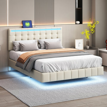 Queen Size Floating Bed Frame With Led Lights And Usb Charging,Modern Upholstered Platform Led Bed Frame,Beige Beige Linen