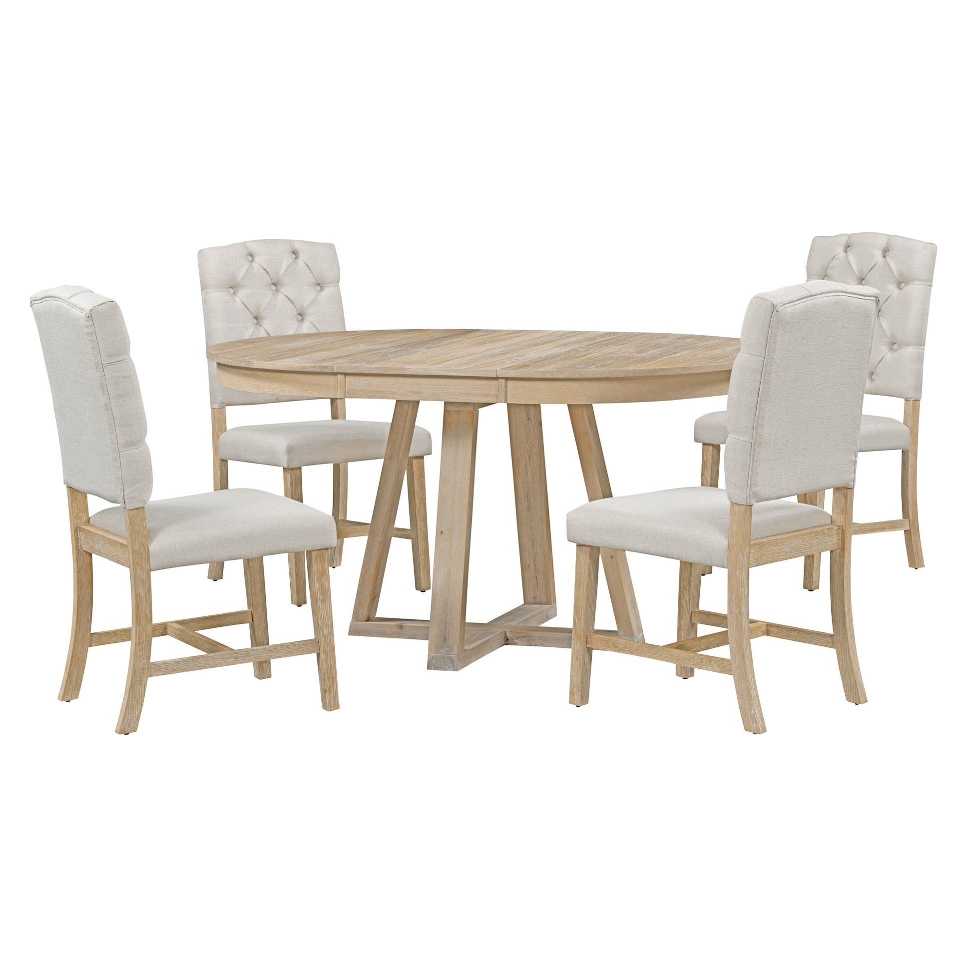 5 Piece Retro Functional Dining Set, Round Table With A 16"W Leaf And 4 Upholstered Chairs For Dining Room And Living Room Natural Natural Solid Wood