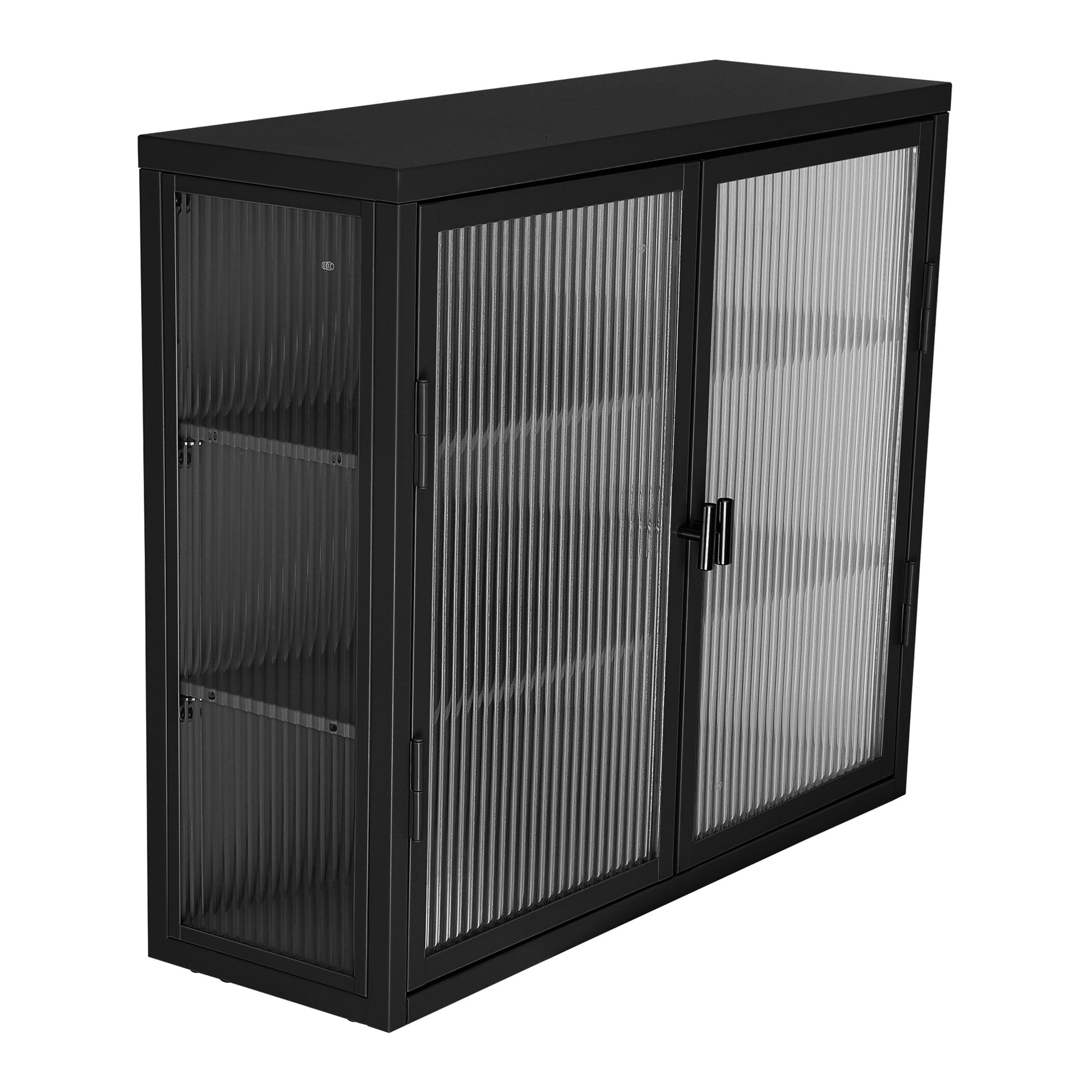 Retro Style Haze Double Glass Door Wall Cabinet With Detachable Shelves For Office, Dining Room,Living Room, Kitchen And Bathroom Black Old Item Code W68751723 Wall Mounted 1 2 Shelves Powder Coated Black Bathroom Glass Doors Tempered Glass Sheet Metal