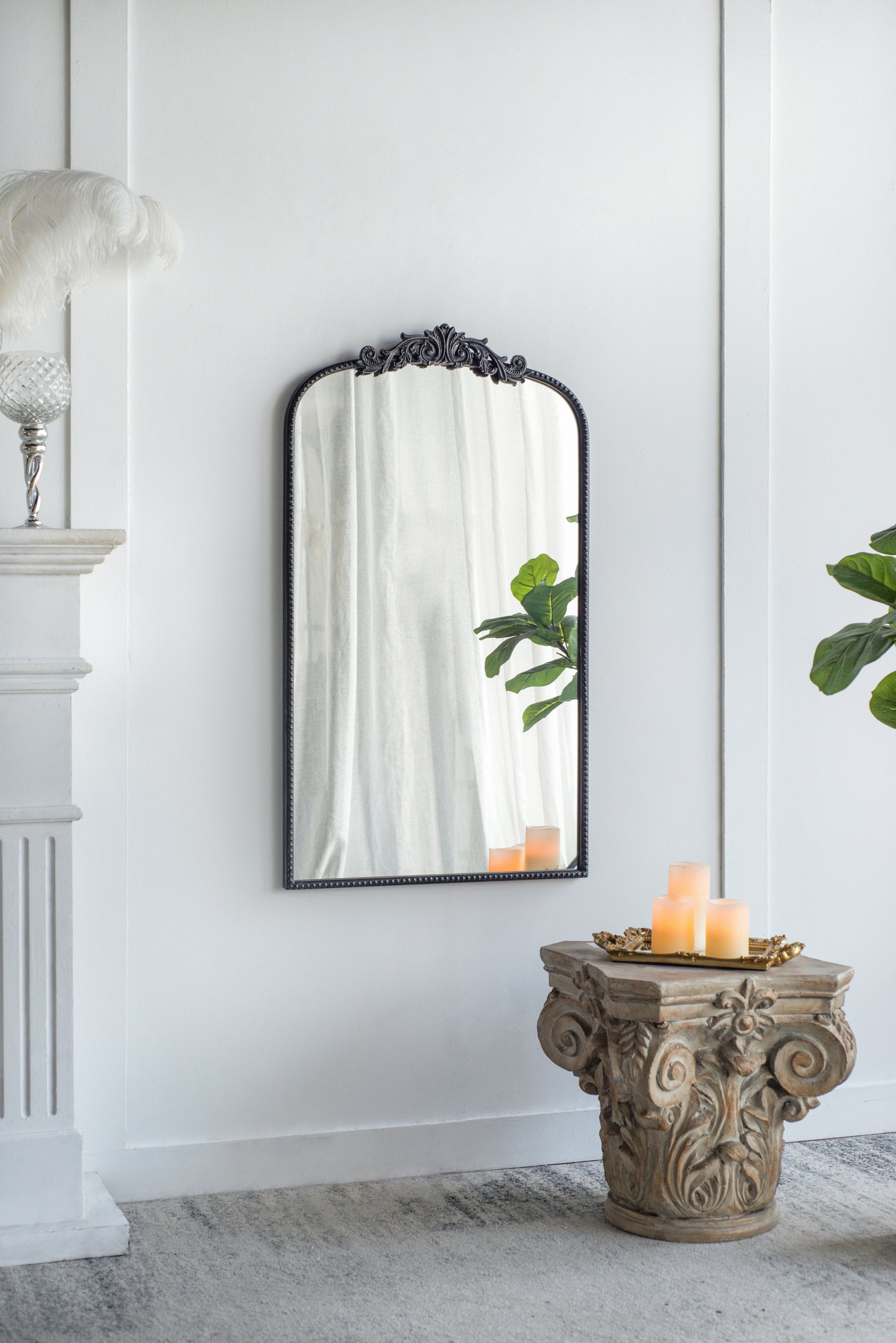 24"X 42" Classic Design Mirror With And Baroque Inspired Frame For Bathroom, Entryway Console Lean Against Wall Black Mdf Glass