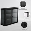 Retro Style Haze Double Glass Door Wall Cabinet With Detachable Shelves For Office, Dining Room,Living Room, Kitchen And Bathroom Black Old Item Code W68751723 Wall Mounted 1 2 Shelves Powder Coated Black Bathroom Glass Doors Tempered Glass Sheet Metal