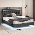 Queen Size Floating Bed Frame With Led Lights And Usb Charging,Modern Upholstered Platform Led Bed Frame,Black Black Pu