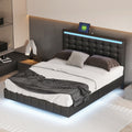 Queen Size Floating Bed Frame With Led Lights And Usb Charging,Modern Upholstered Platform Led Bed Frame,Black Black Pu