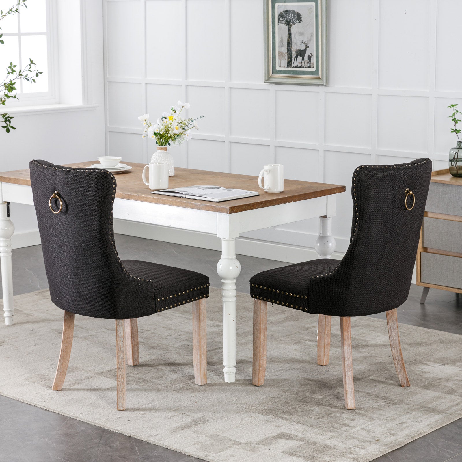 Nikki Collection Modern, High End Tufted Solid Wood Contemporary Flax Upholstered Linen Dining Chair With Wood Legs Trim 2 Pcs Set,Black Linen, Sw6801Bk Black Dining Room American Design Foam Linen