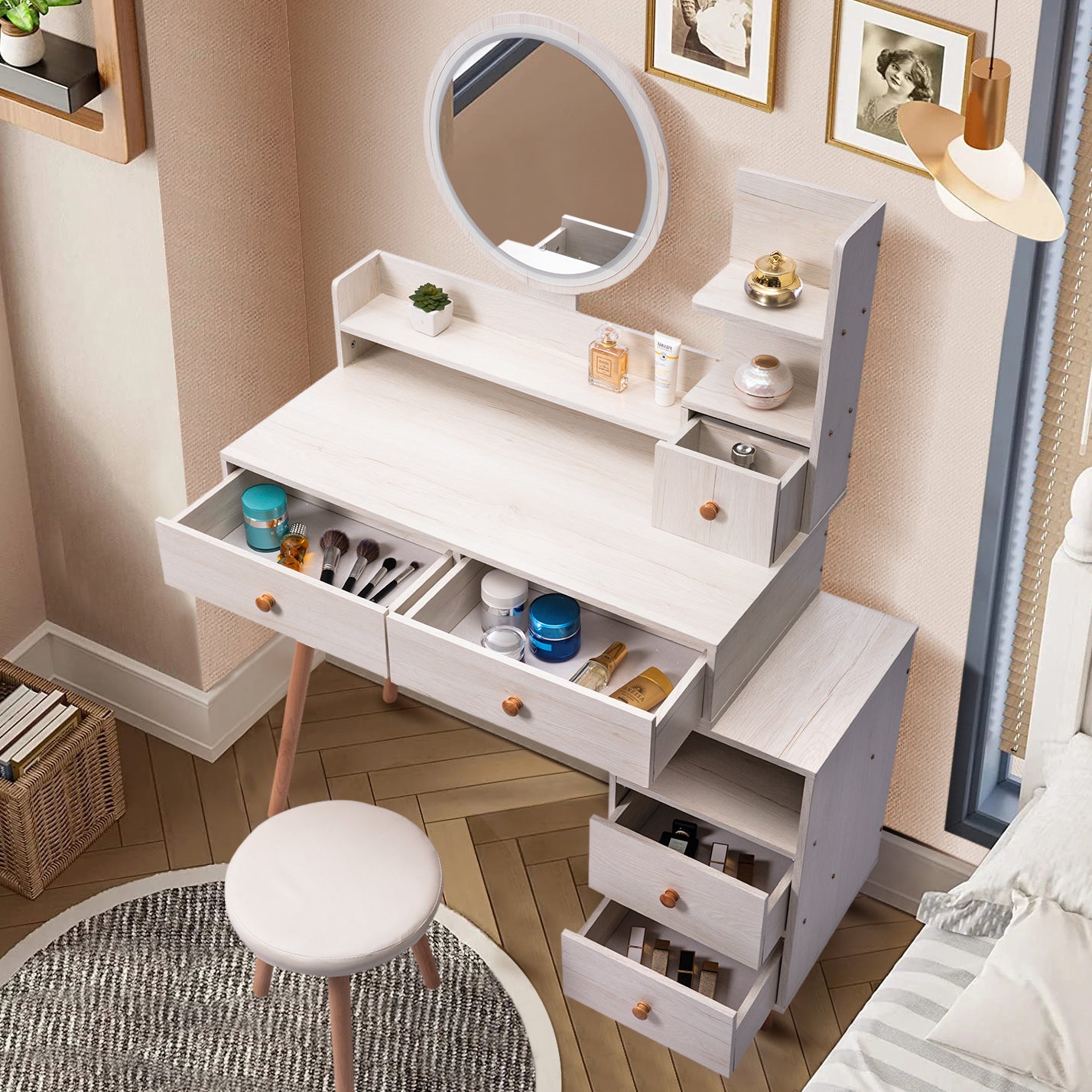 Stylish Vanity Table Cushioned Stool, Touch Control Led Mirror, Large Capacity Storage Cabinet, 5 Drawers, Fashionable Makeup Furniture, Length Adjustable L31.5" 43.2"X W15.8" X H48.1" Ameican White Oak Solid Wood Mdf