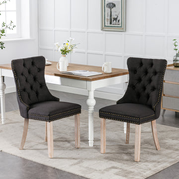 Nikki Collection Modern, High End Tufted Solid Wood Contemporary Flax Upholstered Linen Dining Chair With Wood Legs Trim 2 Pcs Set,Black Linen, Sw6801Bk Black Dining Room American Design Foam Linen