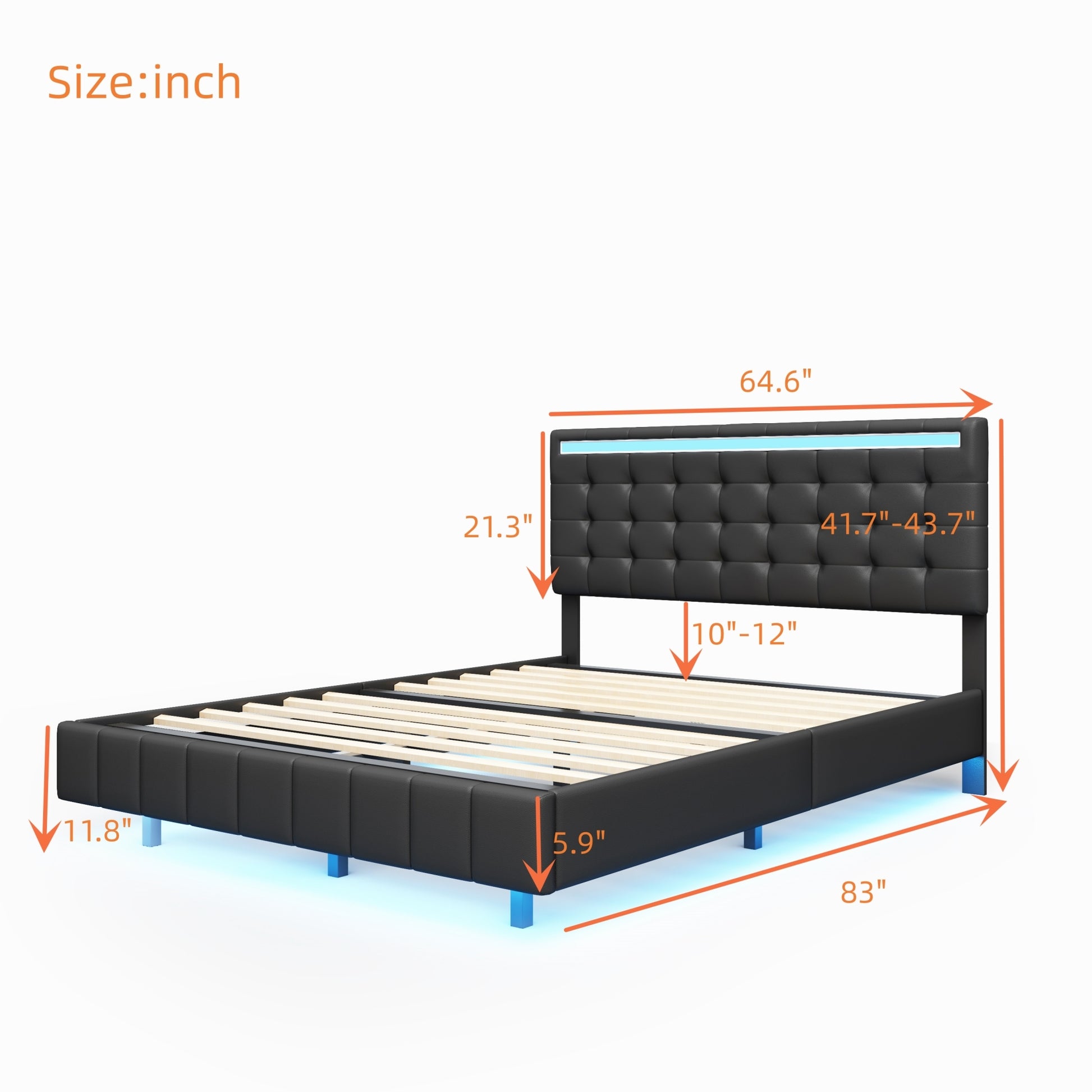 Queen Size Floating Bed Frame With Led Lights And Usb Charging,Modern Upholstered Platform Led Bed Frame,Black Black Pu