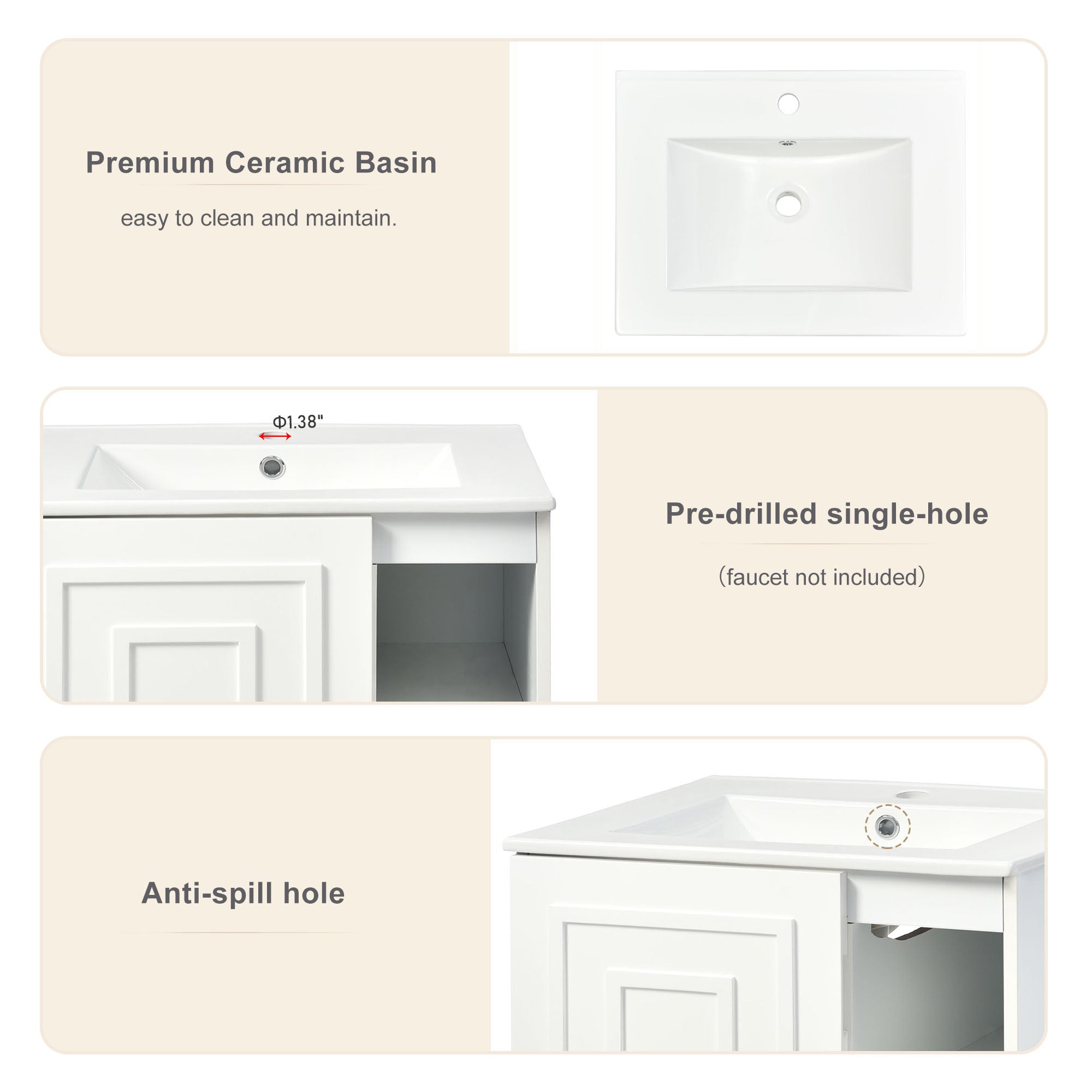 24inch White Bathroom Vanity Sink Combo for Small white-mdf