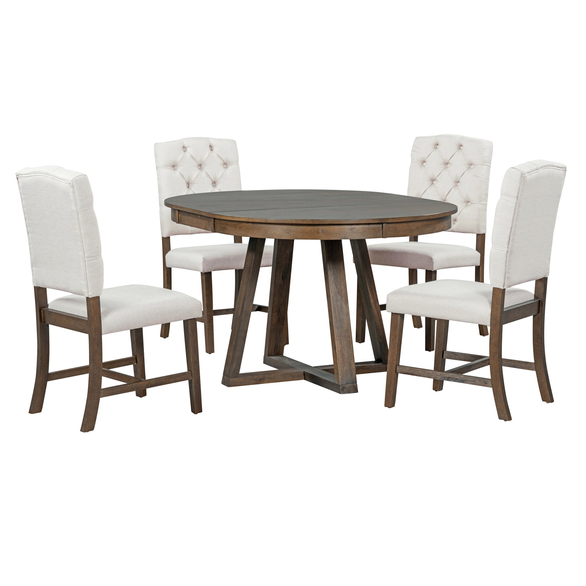 5 Piece Retro Functional Dining Set, Round Table With A 16"W Leaf And 4 Upholstered Chairs For Dining Room And Living Room Walnut Walnut Solid Wood