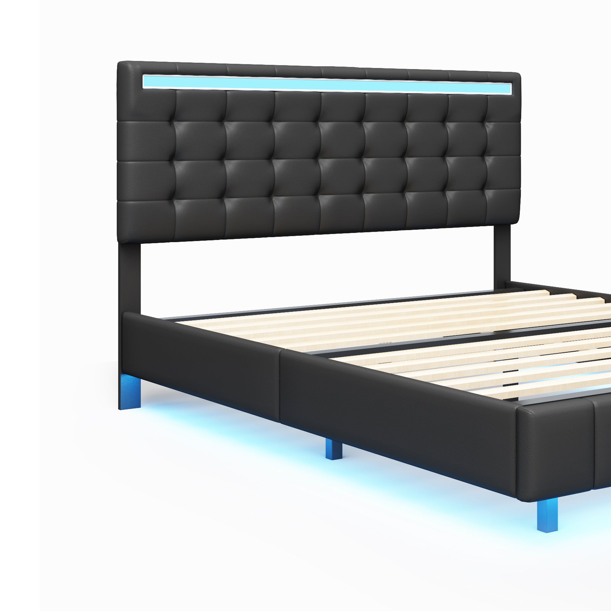 Queen Size Floating Bed Frame With Led Lights And Usb Charging,Modern Upholstered Platform Led Bed Frame,Black Black Pu
