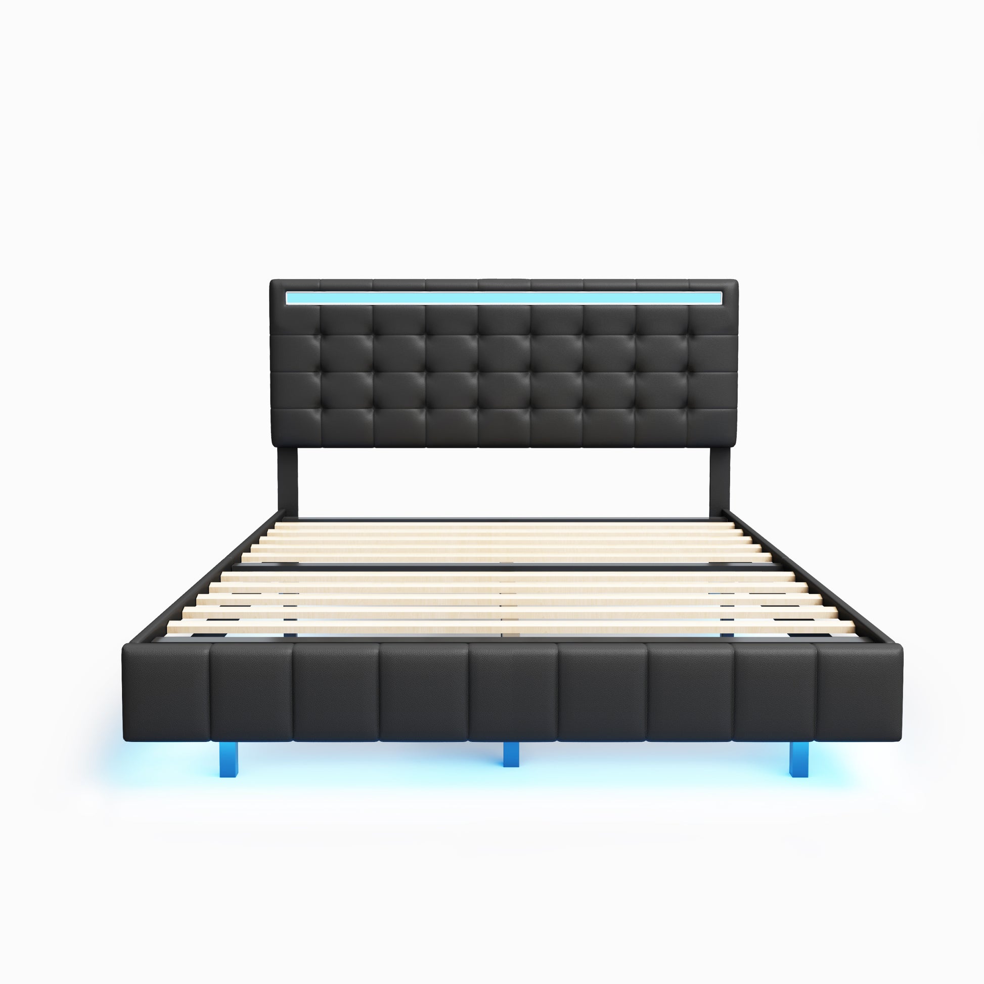 Queen Size Floating Bed Frame With Led Lights And Usb Charging,Modern Upholstered Platform Led Bed Frame,Black Black Pu