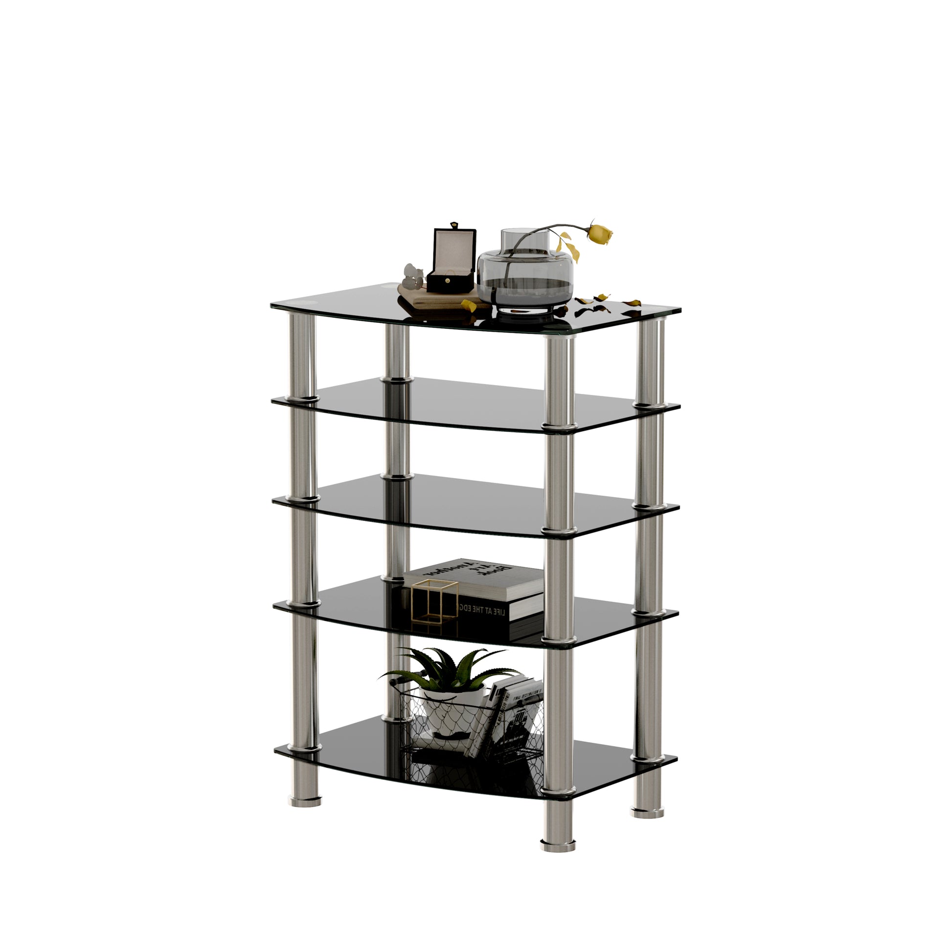 5 Tier Tempered Glass Side Table Stainless Steel Frame End Table For Living Room, Bedroom, Black Black Tempered Glass