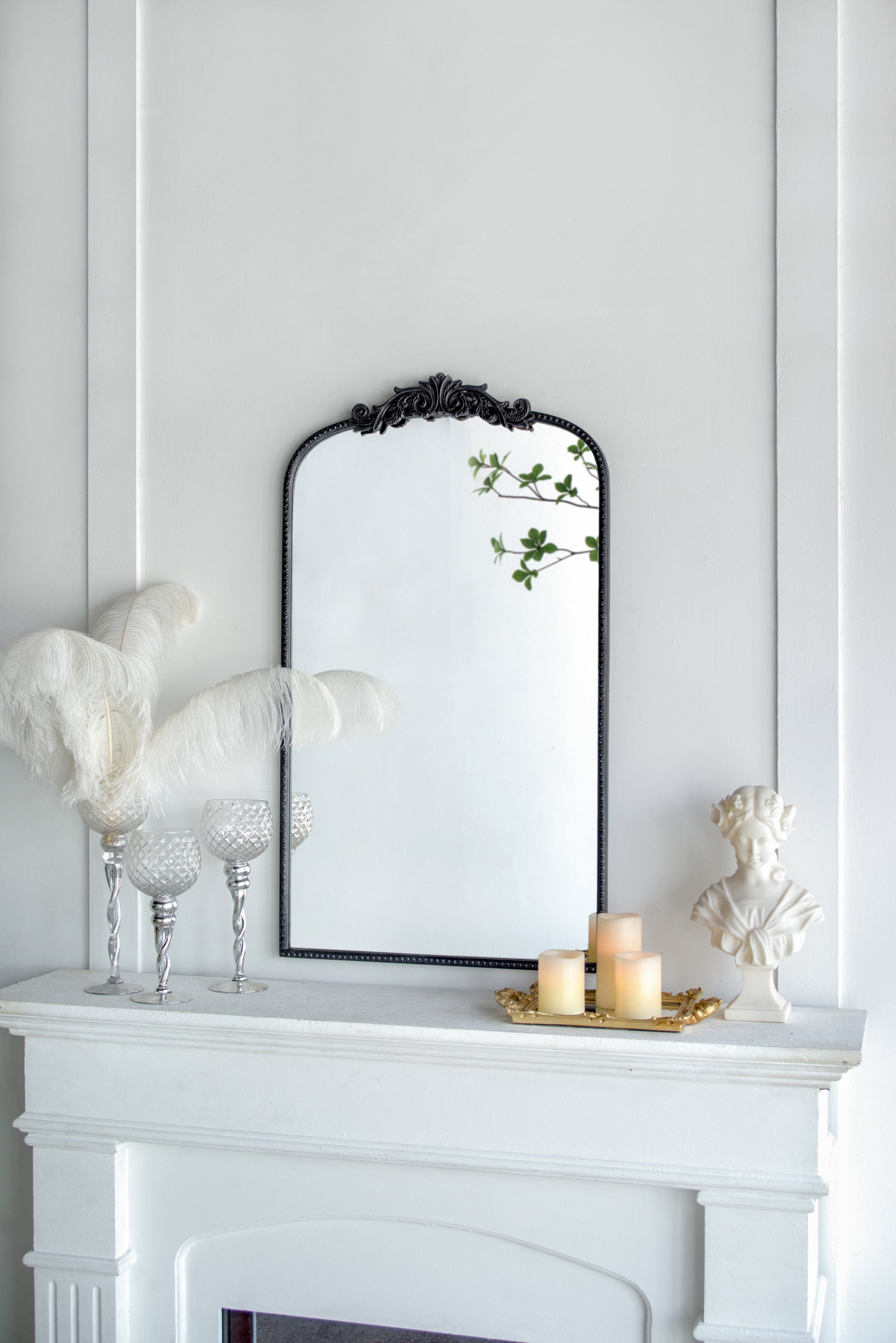 24"X 42" Classic Design Mirror With And Baroque Inspired Frame For Bathroom, Entryway Console Lean Against Wall Black Mdf Glass