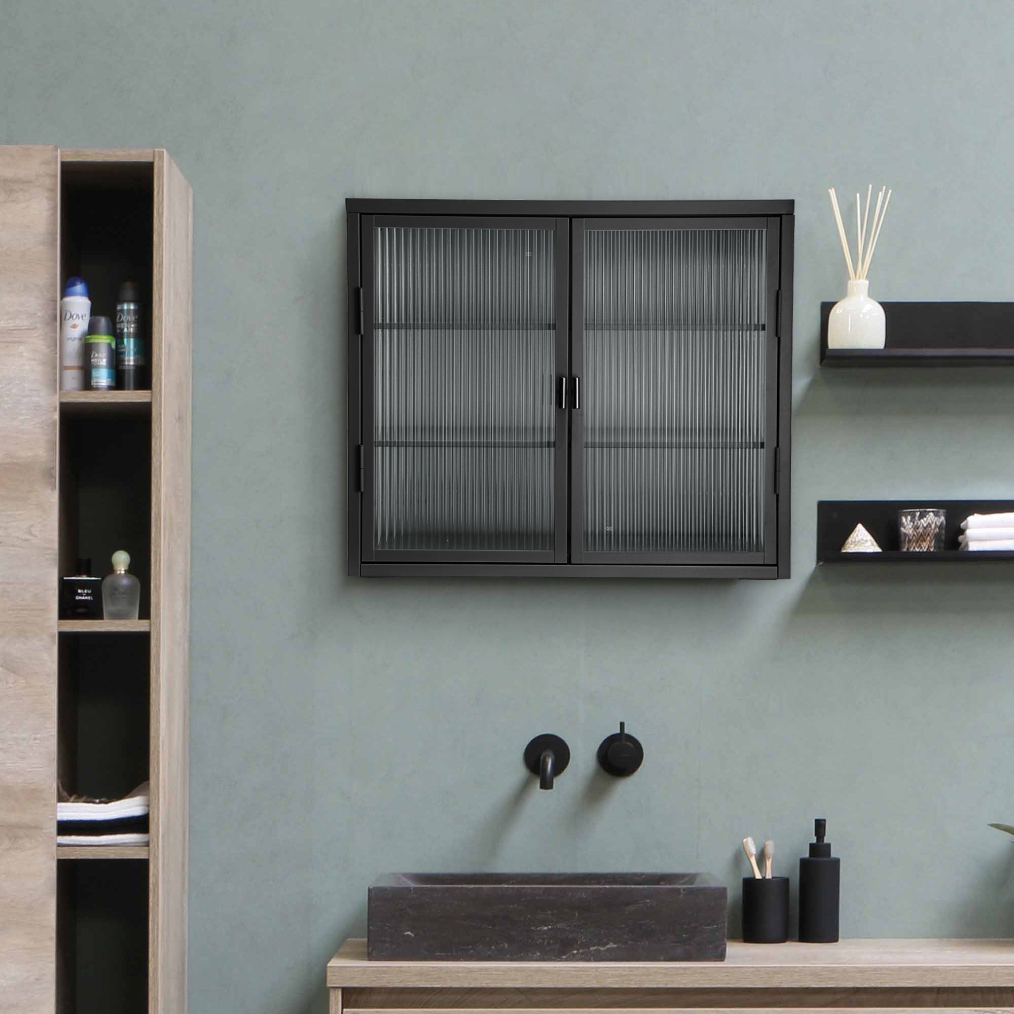 Retro Style Haze Double Glass Door Wall Cabinet With Detachable Shelves For Office, Dining Room,Living Room, Kitchen And Bathroom Black Old Item Code W68751723 Wall Mounted 1 2 Shelves Powder Coated Black Bathroom Glass Doors Tempered Glass Sheet Metal