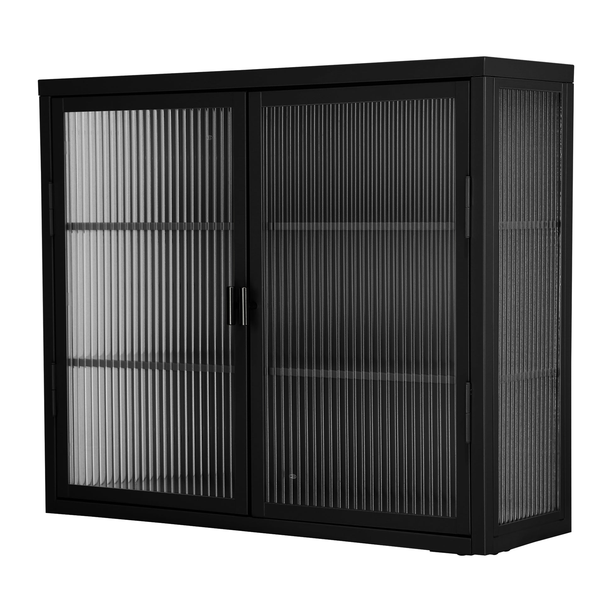 Retro Style Haze Double Glass Door Wall Cabinet With Detachable Shelves For Office, Dining Room,Living Room, Kitchen And Bathroom Black Old Item Code W68751723 Wall Mounted 1 2 Shelves Powder Coated Black Bathroom Glass Doors Tempered Glass Sheet Metal