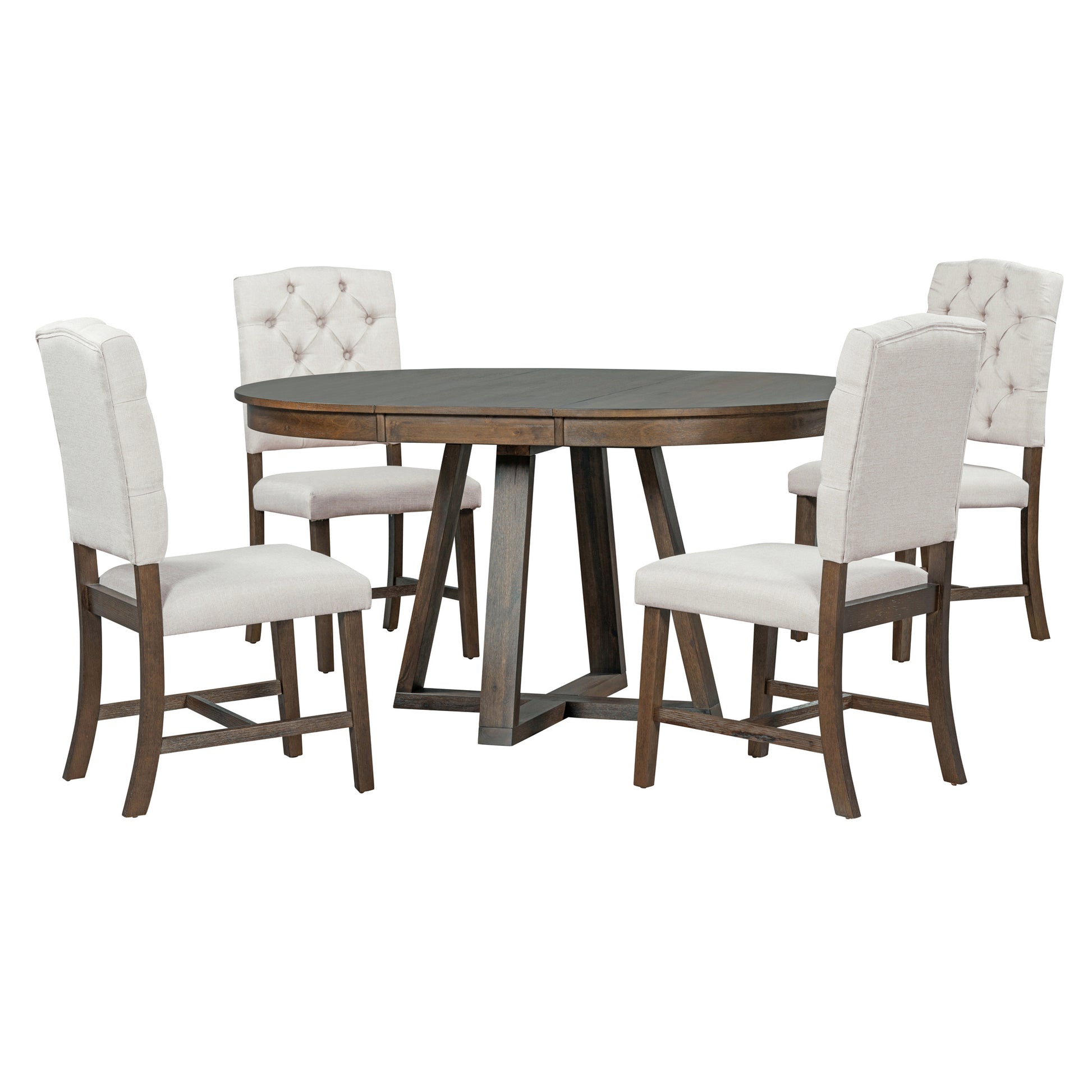 5 Piece Retro Functional Dining Set, Round Table With A 16"W Leaf And 4 Upholstered Chairs For Dining Room And Living Room Walnut Walnut Solid Wood