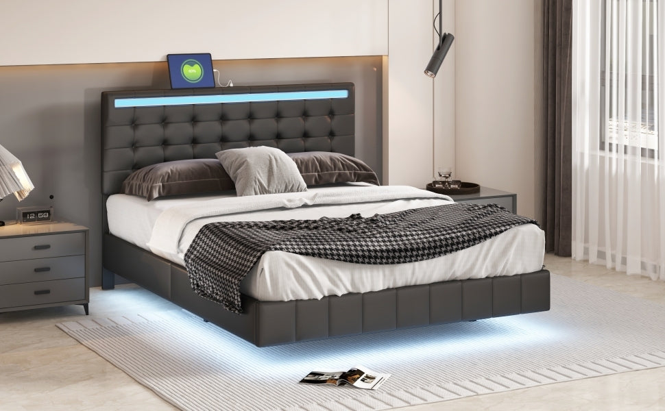 Queen Size Floating Bed Frame With Led Lights And Usb Charging,Modern Upholstered Platform Led Bed Frame,Black Black Pu