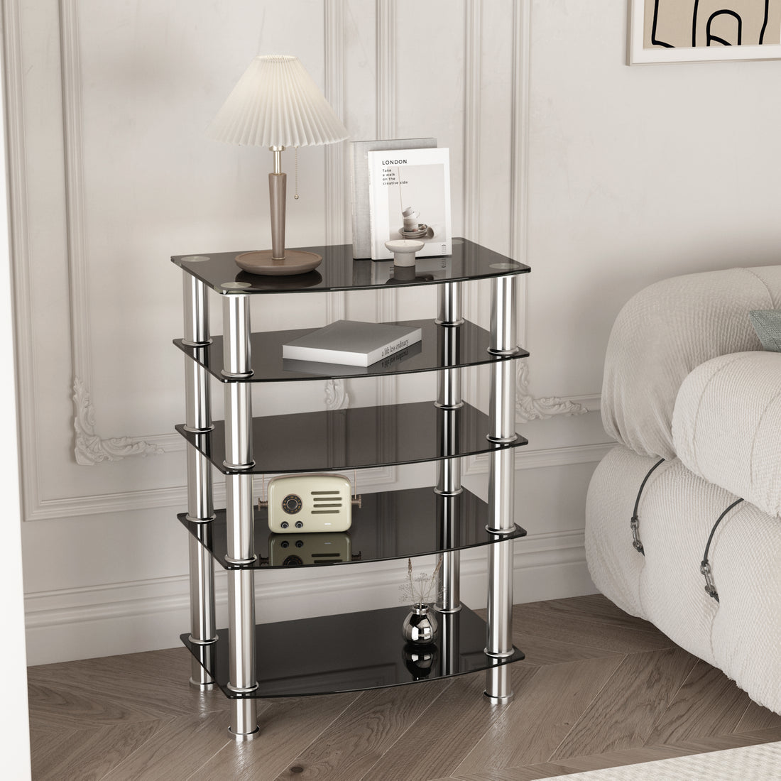 5 Tier Tempered Glass Side Table Stainless Steel Frame End Table For Living Room, Bedroom, Black Black Tempered Glass