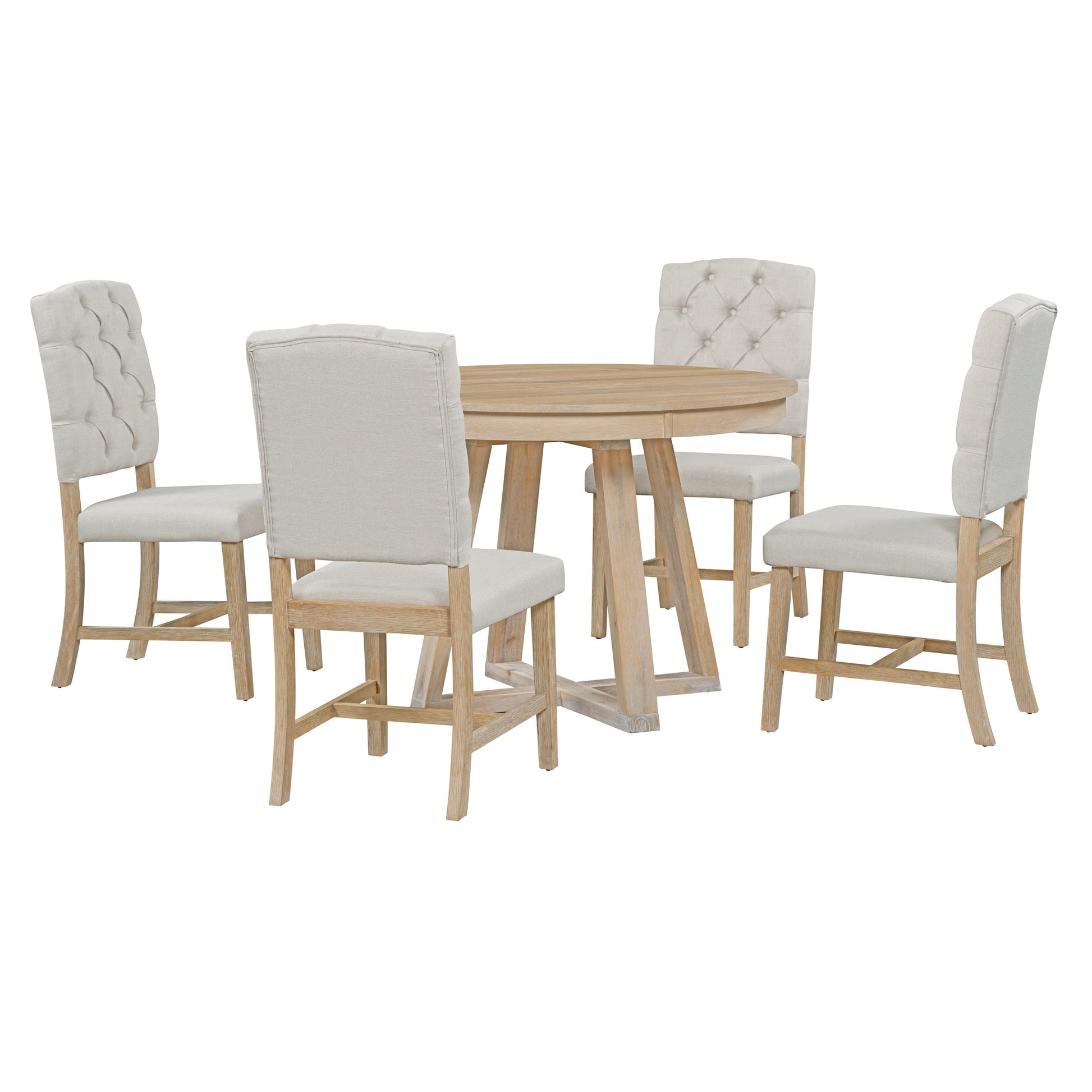 5 Piece Retro Functional Dining Set, Round Table With A 16"W Leaf And 4 Upholstered Chairs For Dining Room And Living Room Natural Natural Solid Wood