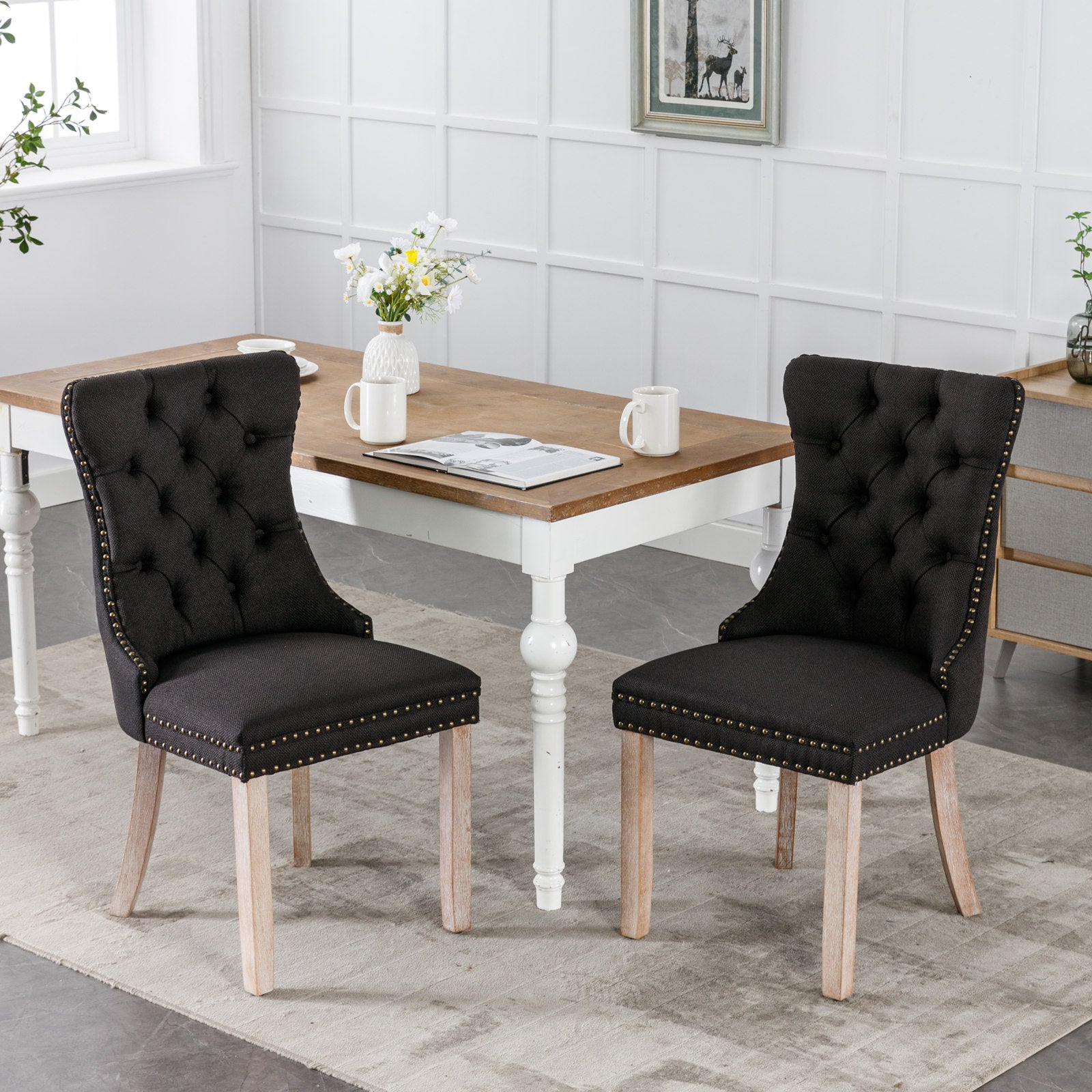 Nikki Collection Modern, High End Tufted Solid Wood Contemporary Flax Upholstered Linen Dining Chair With Wood Legs Trim 2 Pcs Set,Black Linen, Sw6801Bk Black Dining Room American Design Foam Linen