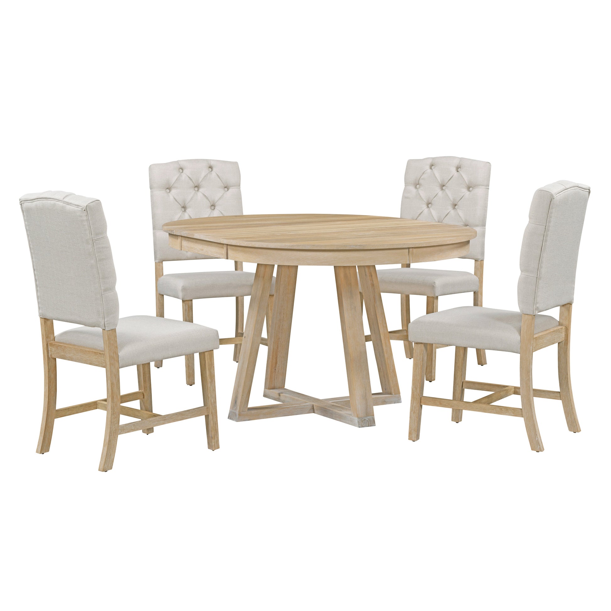 5 Piece Retro Functional Dining Set, Round Table With A 16"W Leaf And 4 Upholstered Chairs For Dining Room And Living Room Natural Natural Solid Wood