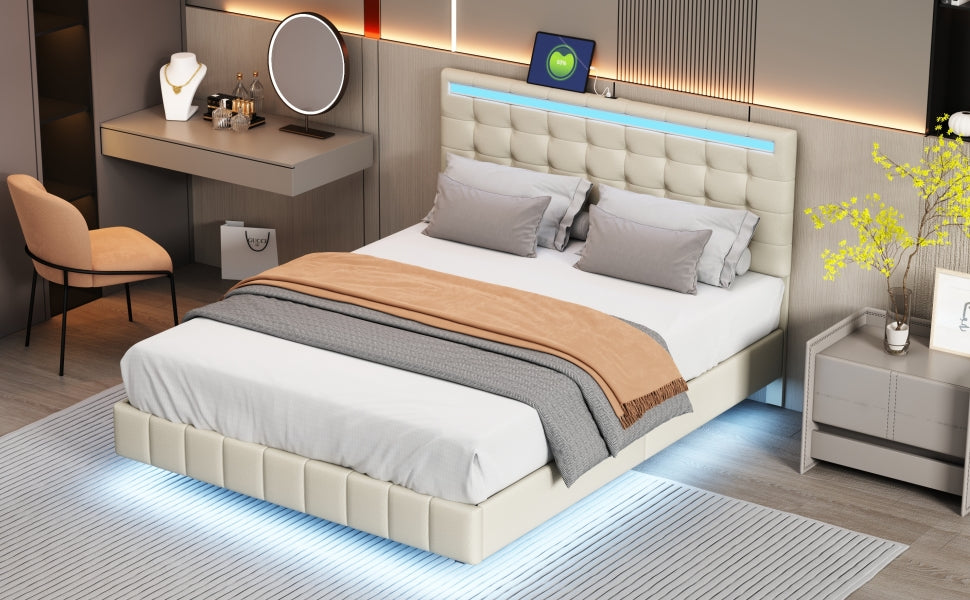 Queen Size Floating Bed Frame With Led Lights And Usb Charging,Modern Upholstered Platform Led Bed Frame,Beige Beige Linen