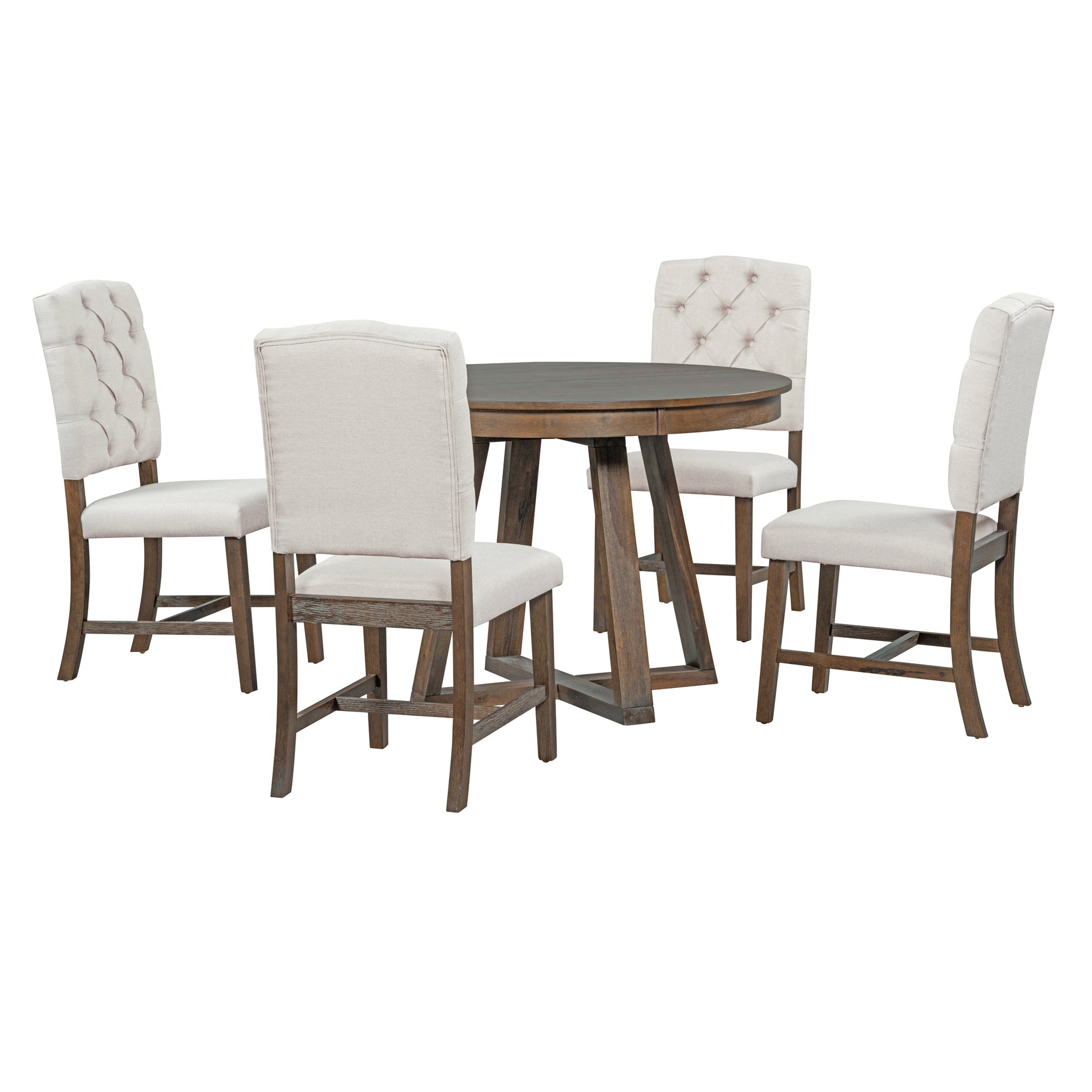 5 Piece Retro Functional Dining Set, Round Table With A 16"W Leaf And 4 Upholstered Chairs For Dining Room And Living Room Walnut Walnut Solid Wood