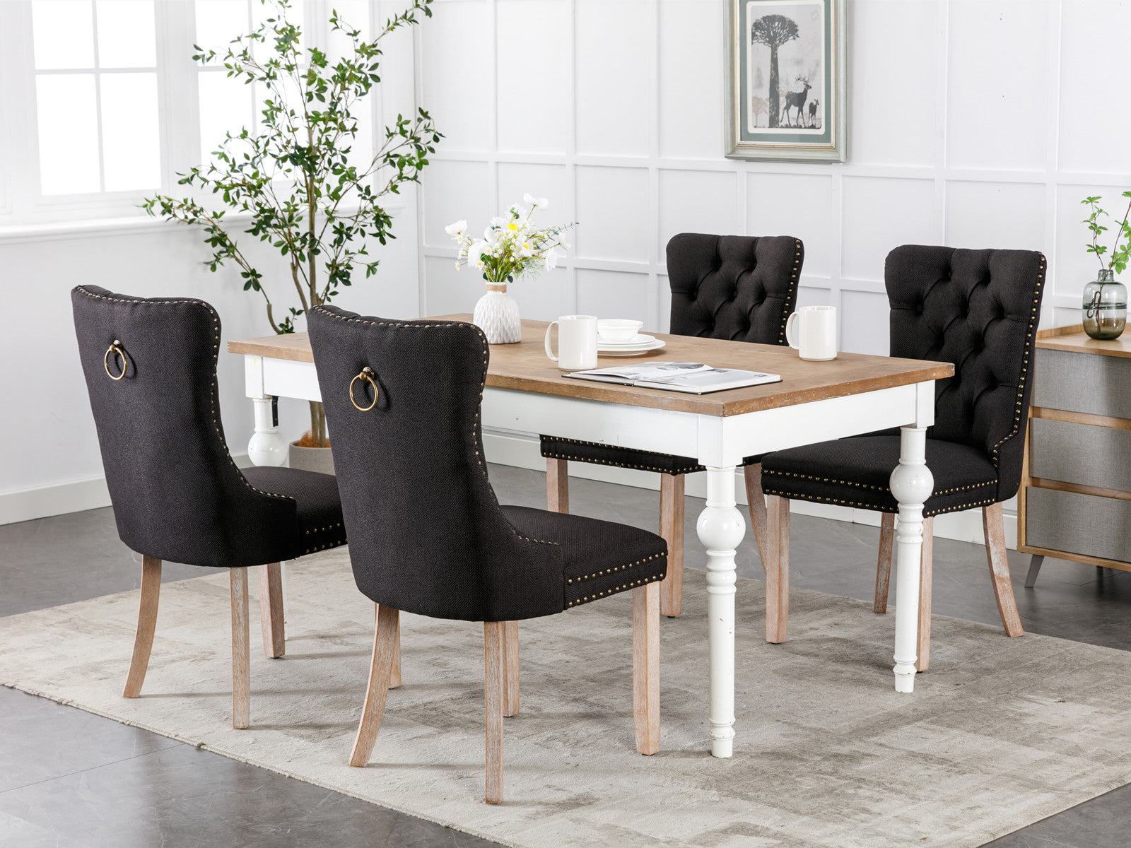 Nikki Collection Modern, High End Tufted Solid Wood Contemporary Flax Upholstered Linen Dining Chair With Wood Legs Trim 2 Pcs Set,Black Linen, Sw6801Bk Black Dining Room American Design Foam Linen