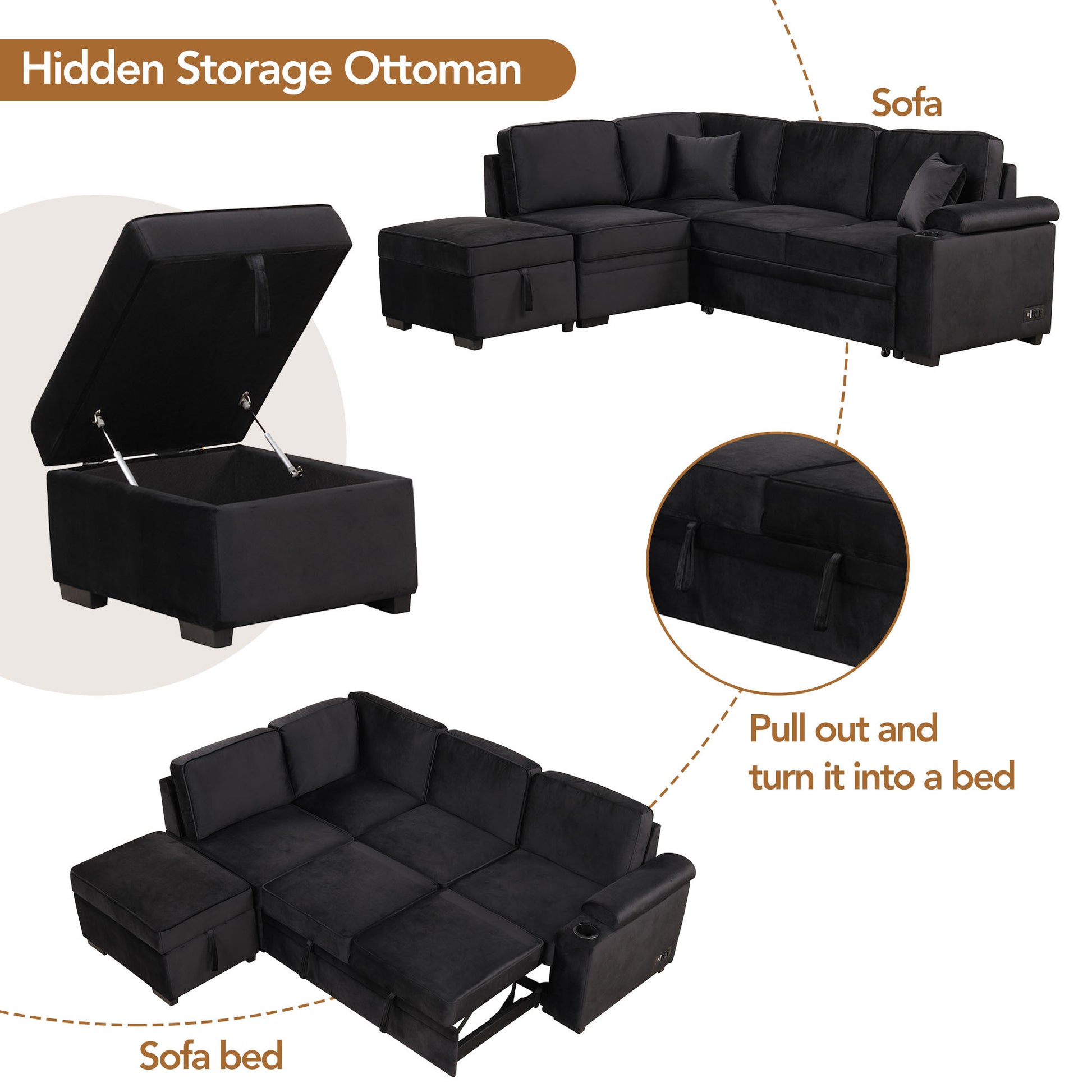 84.75" Sleeper Sofa Bed,2 In 1 Pull Out Sofa Bed L Shape Couch With Storage Ottoman For Living Room,Bedroom Couch And Small Apartment, Black Black Foam Velvet 4 Seat