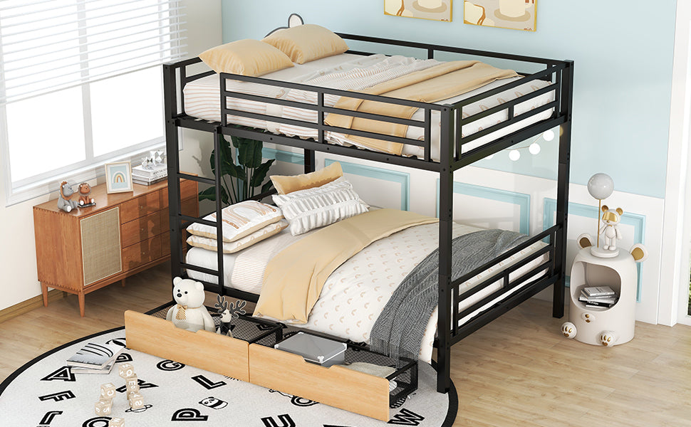 Metal Full Size Convertible Bunk Bed With 2 Drawers, Black Box Spring Not Required Full Black Metal Bedroom Bed Frame Metal & Wood