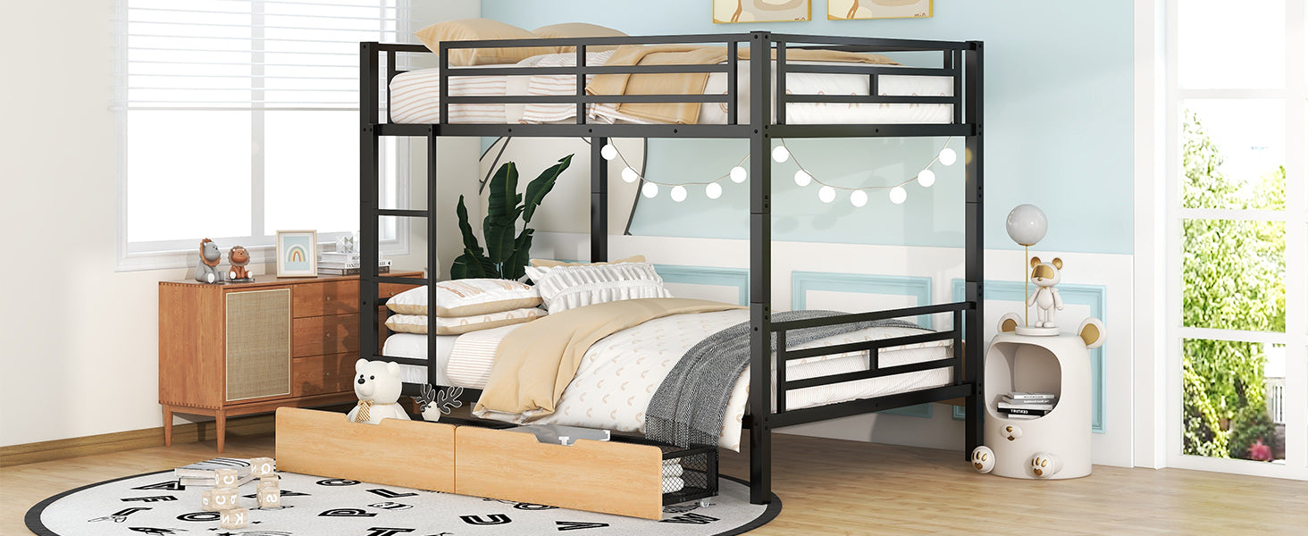 Metal Full Size Convertible Bunk Bed With 2 Drawers, Black Box Spring Not Required Full Black Metal Bedroom Bed Frame Metal & Wood
