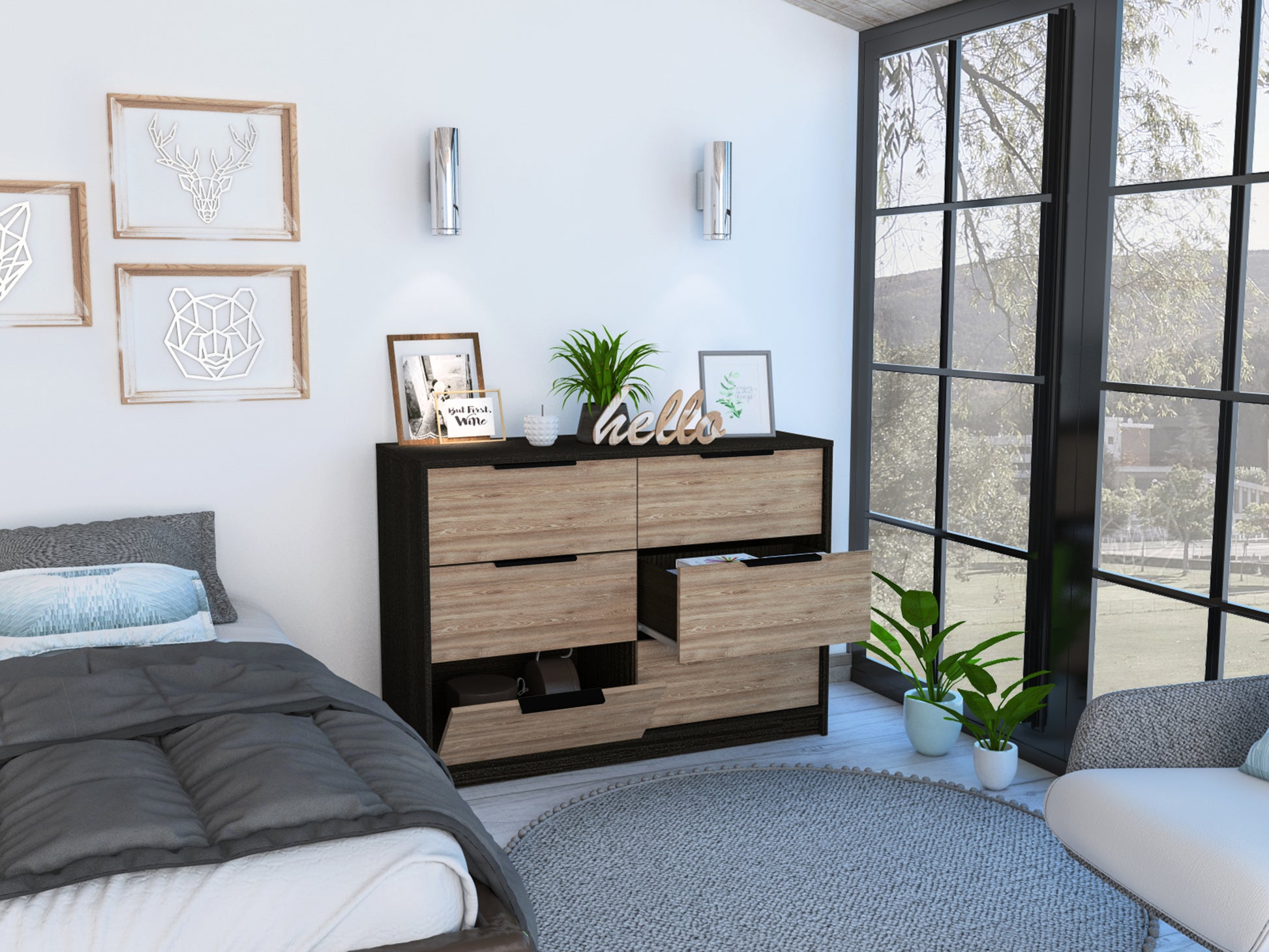 Kaia 4 Drawers Dresser, Superior Top Black Pine Multicolor Brown Bedroom Modern Walnut Particle Board Particle Board