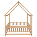 Full Size Floor Wooden Bed With House Roof Frame, Fence Guardrails ,Natural Full Natural Pine