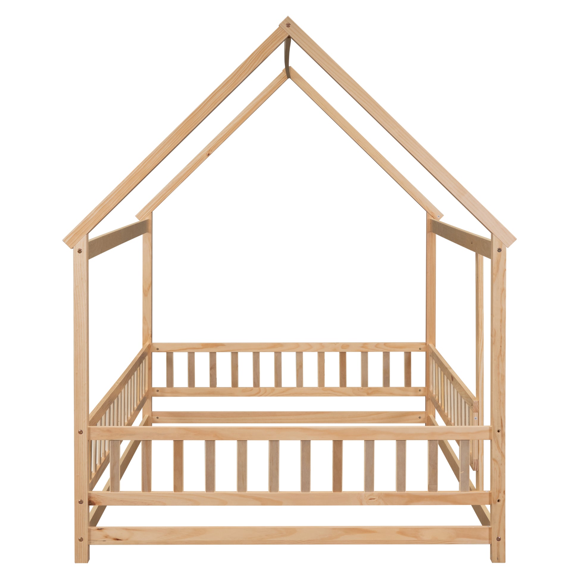 Full Size Floor Wooden Bed With House Roof Frame, Fence Guardrails ,Natural Full Natural Pine