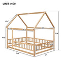 Full Size Floor Wooden Bed With House Roof Frame, Fence Guardrails ,Natural Full Natural Pine