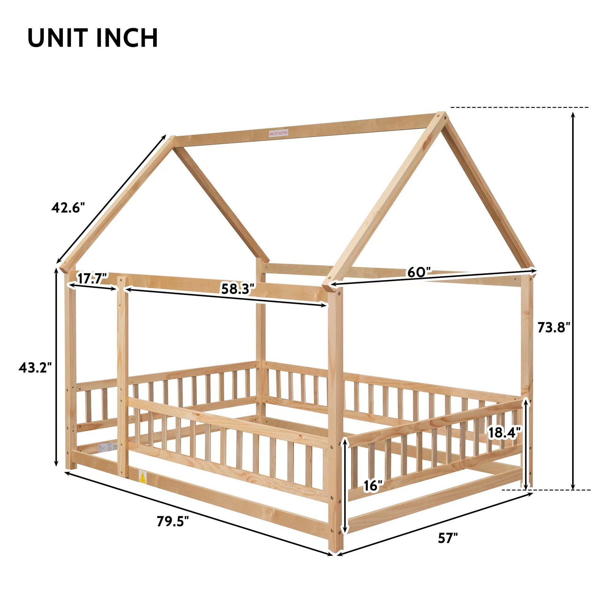 Full Size Floor Wooden Bed With House Roof Frame, Fence Guardrails ,Natural Full Natural Pine