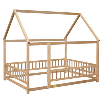 Full Size Floor Wooden Bed With House Roof Frame, Fence Guardrails ,Natural Full Natural Pine