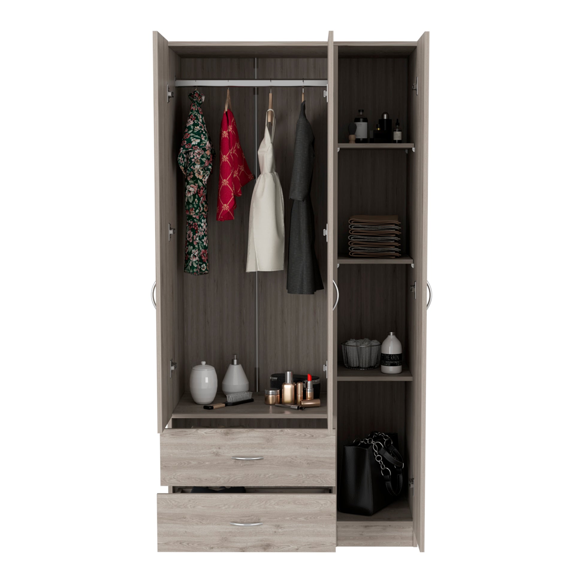 Austral 3 Door Armoire With Two Drawers, Shelves, And Hanging Rod Light Gray Light Gray Particle Board