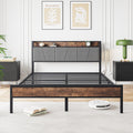Queen Size Bed Frame, Storage Headboard With Charging Station, Solid And Stable, Noise Free, No Box Spring Needed, Easy Assembly, Vintage Brown And Gray Box Spring Not Required Queen Black Iron Brown Bedroom Bed Frame Metal & Wood