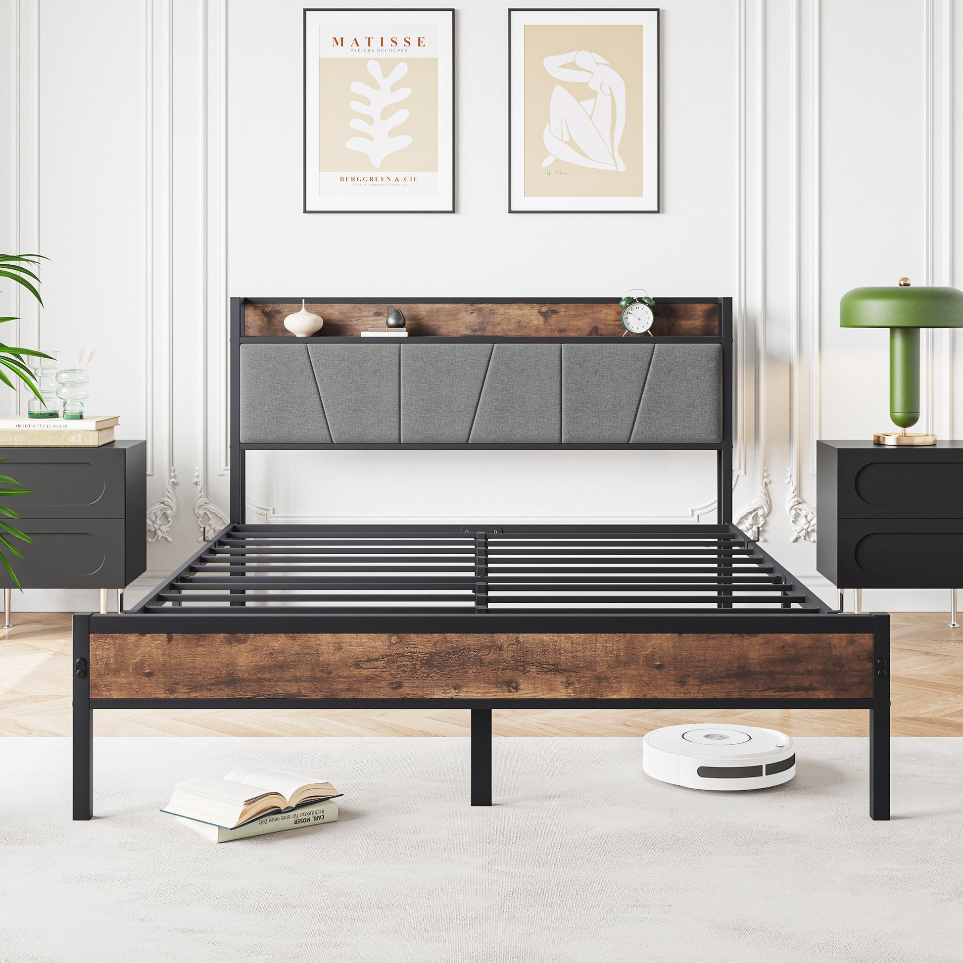 Queen Size Bed Frame, Storage Headboard With Charging Station, Solid And Stable, Noise Free, No Box Spring Needed, Easy Assembly, Vintage Brown And Gray Box Spring Not Required Queen Black Iron Brown Bedroom Bed Frame Metal & Wood