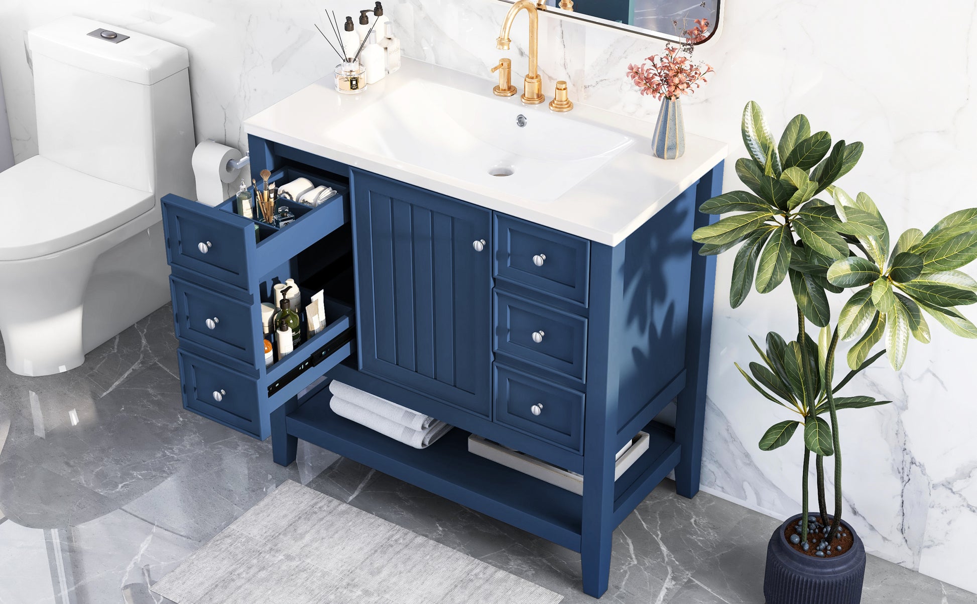 36" Bathroom Vanity With Sink Combo, One Cabinet And Three Drawers, Solid Wood And Mdf Board, Blue Blue Solid Wood Mdf