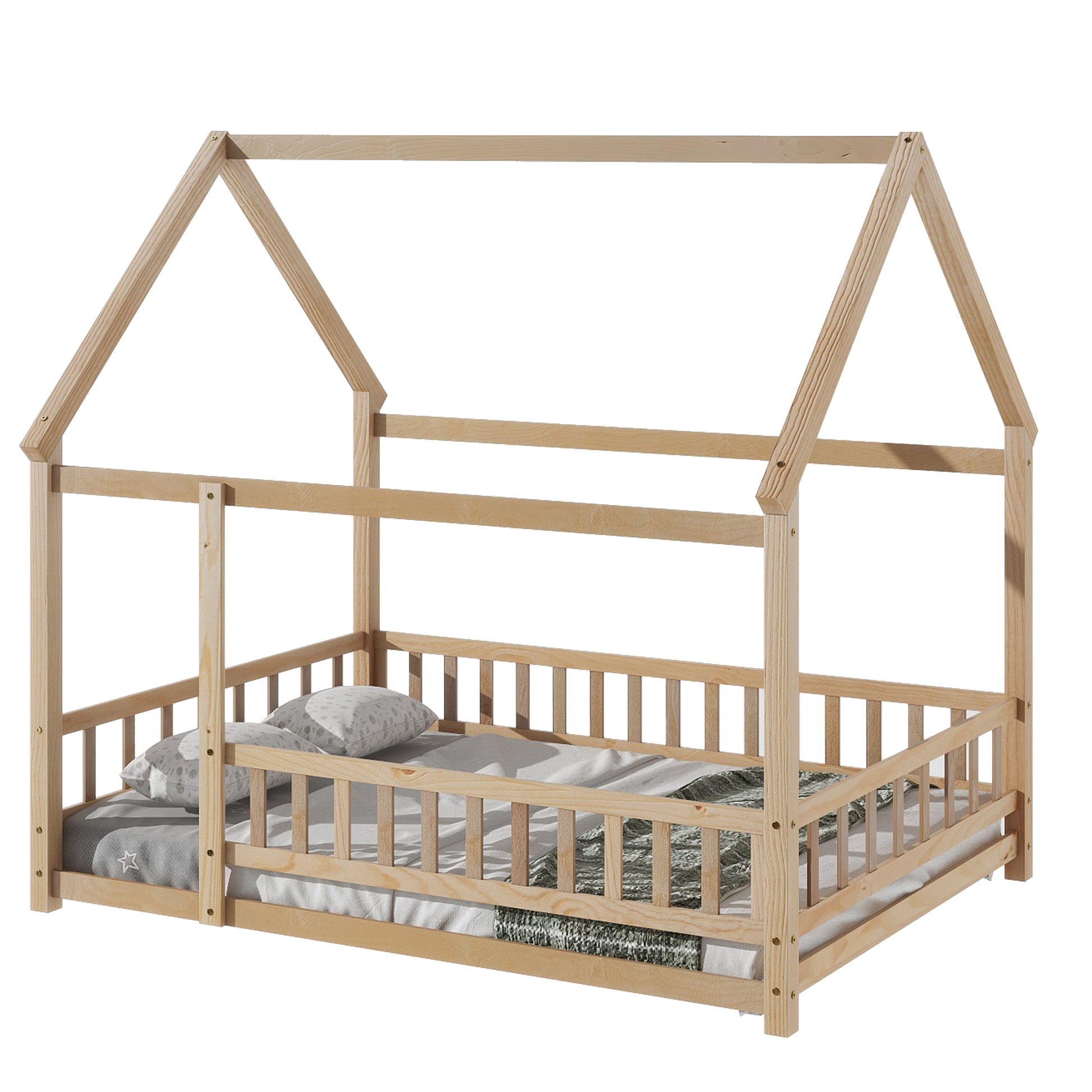 Full Size Floor Wooden Bed With House Roof Frame, Fence Guardrails ,Natural Full Natural Pine