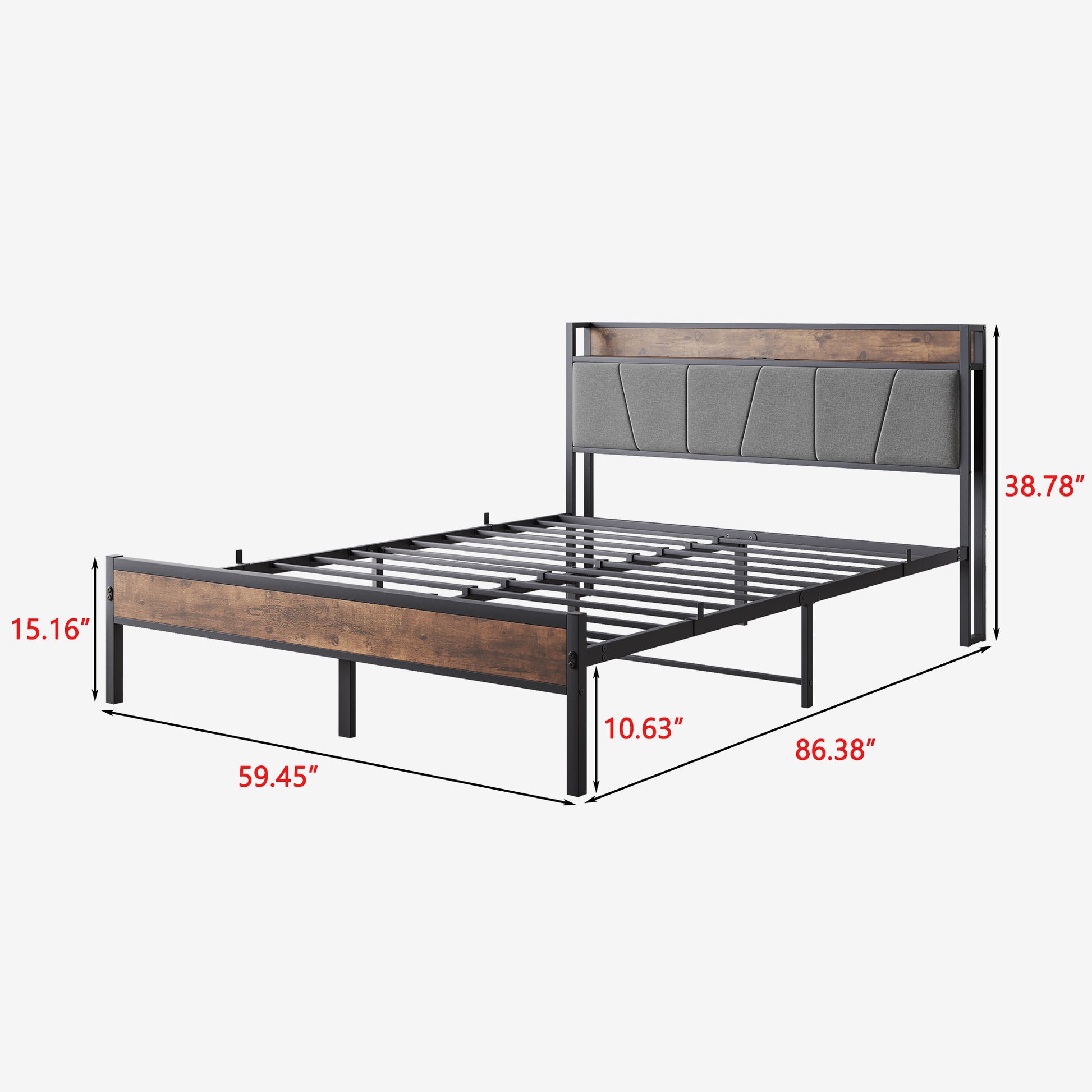 Queen Size Bed Frame, Storage Headboard With Charging Station, Solid And Stable, Noise Free, No Box Spring Needed, Easy Assembly, Vintage Brown And Gray Box Spring Not Required Queen Black Iron Brown Bedroom Bed Frame Metal & Wood
